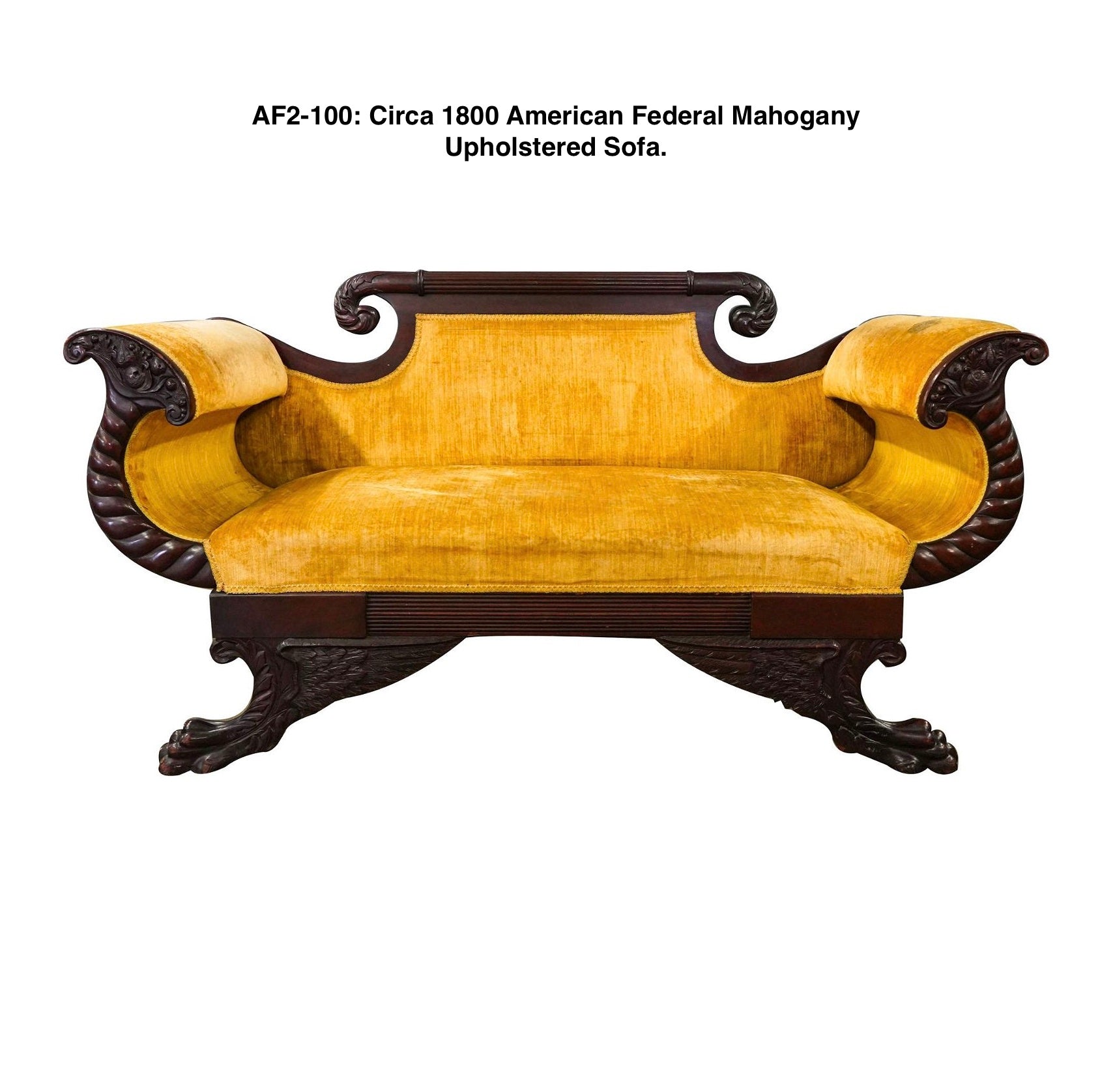 AF2-100: Antique Circa 1810 - 1830 American Empire Cornucopia Mahogany Upholstered Sofa