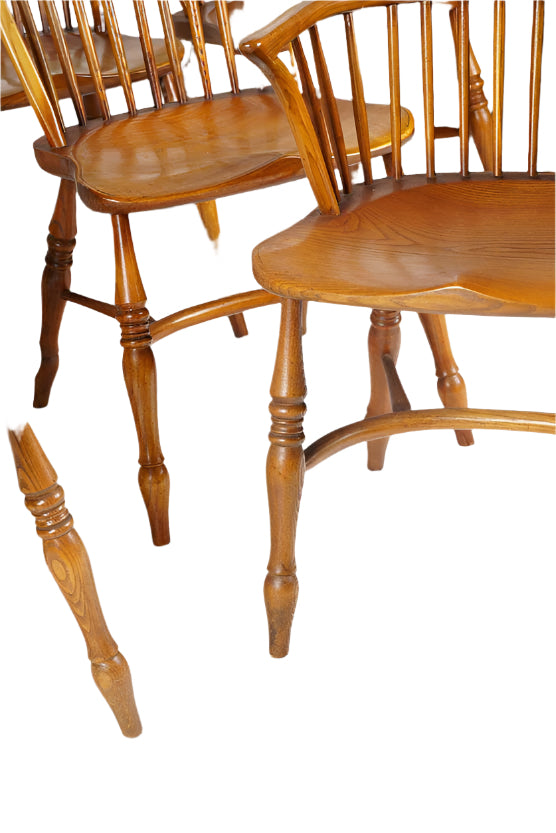 AF2-105: Antique Set of 8 Early 20th Century Oak Bow Back and Sack Back Windsor Chairs