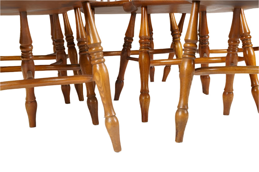 AF2-105: Antique Set of 8 Early 20th Century Oak Bow Back and Sack Back Windsor Chairs
