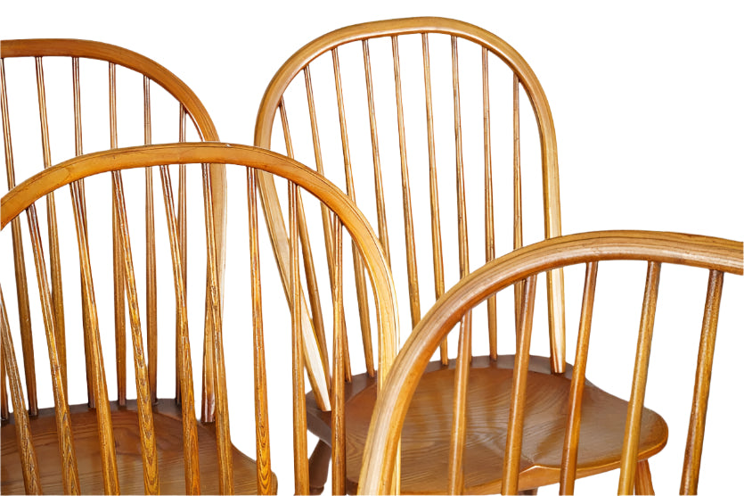 AF2-105: Antique Set of 8 Early 20th Century Oak Bow Back and Sack Back Windsor Chairs