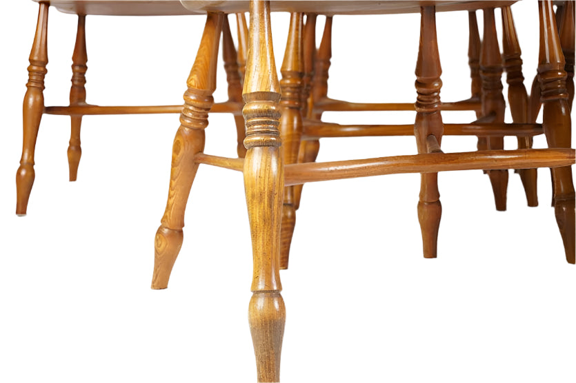 AF2-105: Antique Set of 8 Early 20th Century Oak Bow Back and Sack Back Windsor Chairs