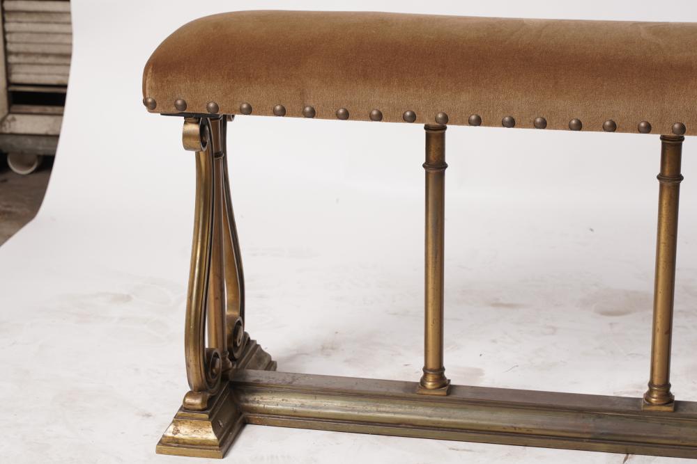 AF2-023: ANTIQUE LATE 19TH CENTURY CAST BRASS FIRESIDE BENCH W/ UPHOLSTERED SEAT