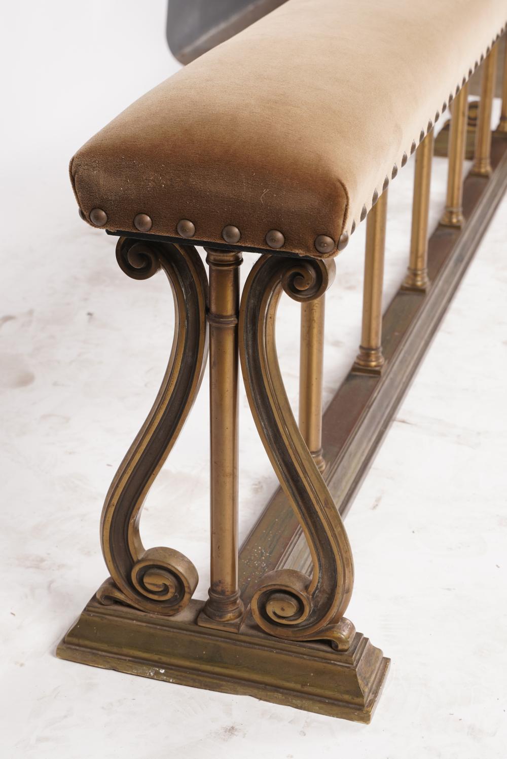 AF2-023: ANTIQUE LATE 19TH CENTURY CAST BRASS FIRESIDE BENCH W/ UPHOLSTERED SEAT