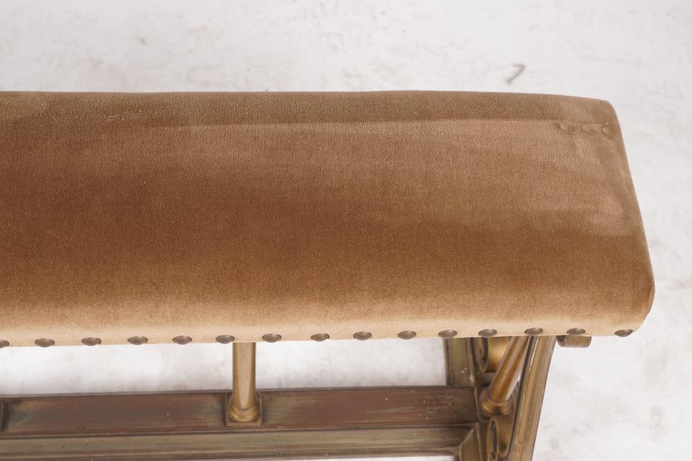 AF2-023: ANTIQUE LATE 19TH CENTURY CAST BRASS FIRESIDE BENCH W/ UPHOLSTERED SEAT