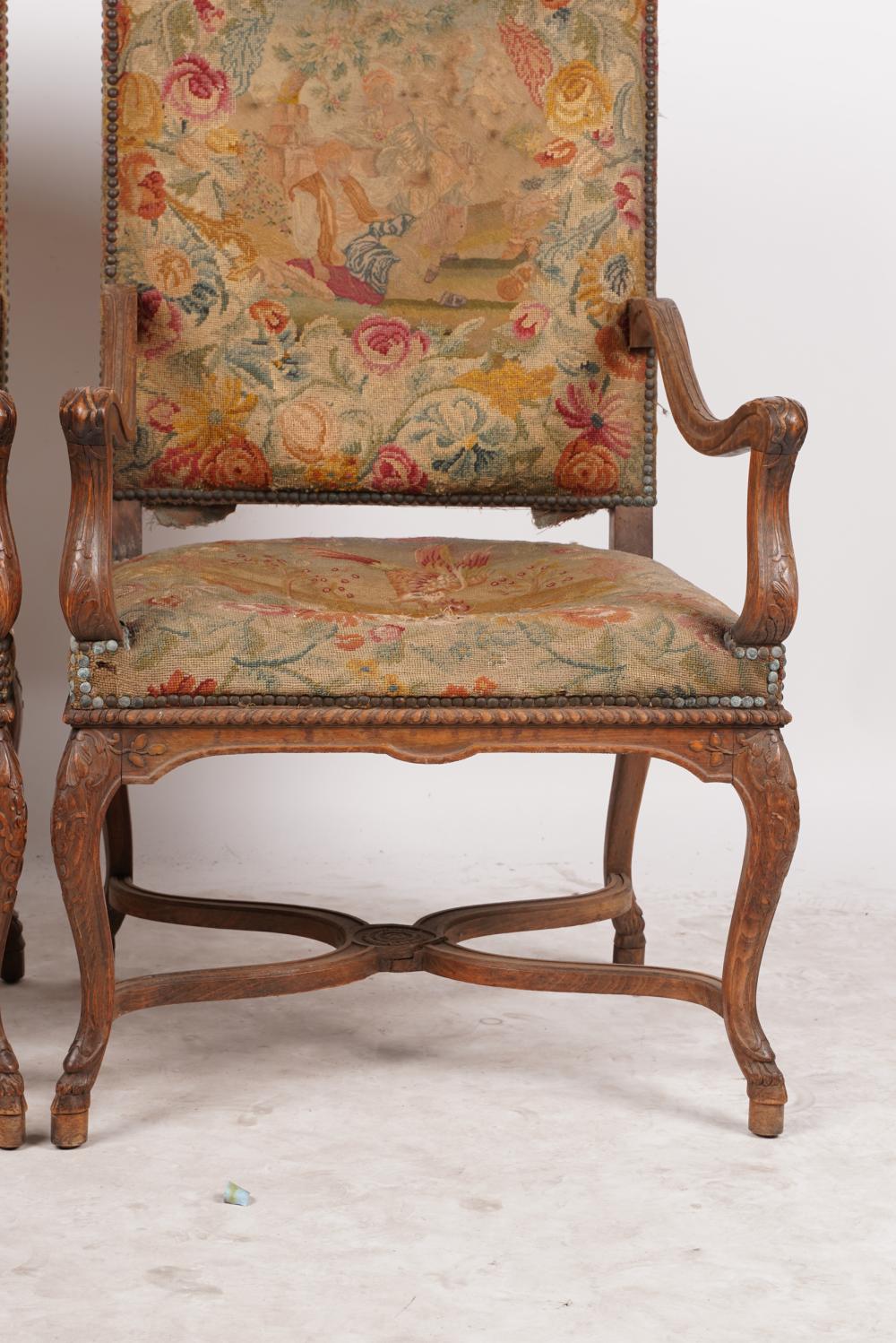 AF2-003: ANTIQUE PAIR OF LATE 19TH C FRENCH LOUIS XV STYLE CARVED FRUITWOOD FAUTEUILS