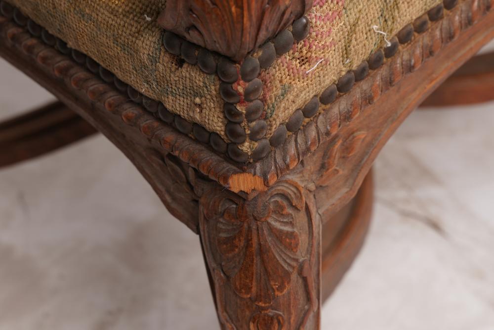 AF2-003: ANTIQUE PAIR OF LATE 19TH C FRENCH LOUIS XV STYLE CARVED FRUITWOOD FAUTEUILS