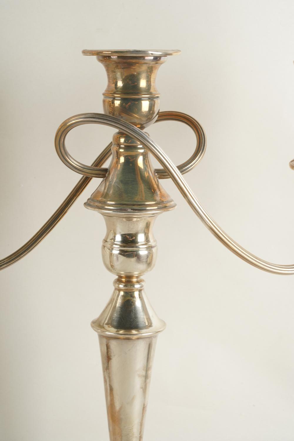 DA2-007: PAIR OF EARLY 20TH CENTURY ENGLISH HALLMARKED SILVER PLATE THREE LIGHT CANDLEABRA