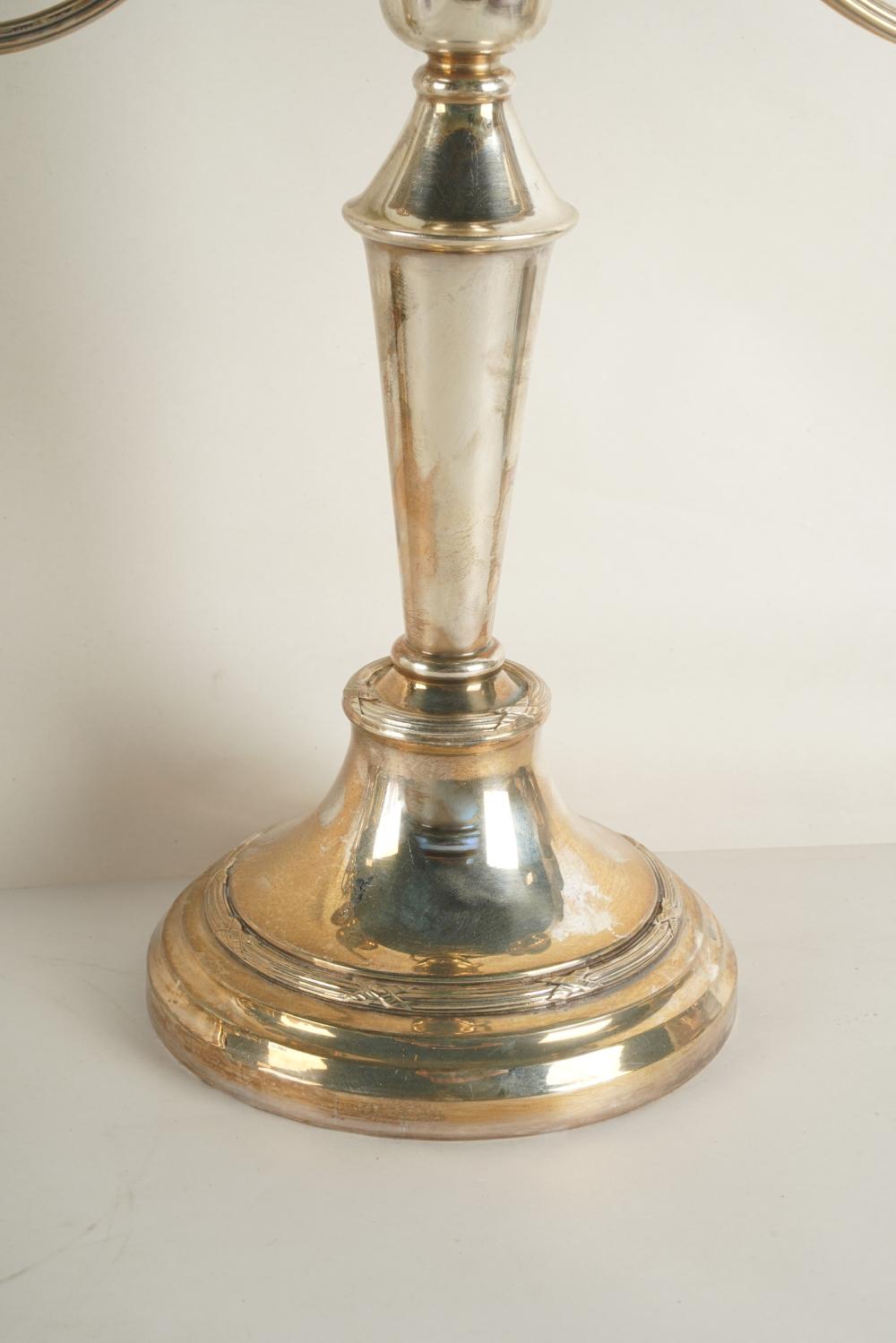 DA2-007: PAIR OF EARLY 20TH CENTURY ENGLISH HALLMARKED SILVER PLATE THREE LIGHT CANDLEABRA