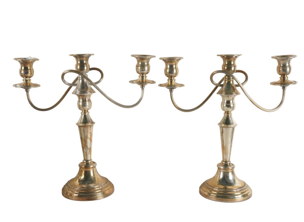 DA2-007: PAIR OF EARLY 20TH CENTURY ENGLISH HALLMARKED SILVER PLATE THREE LIGHT CANDLEABRA