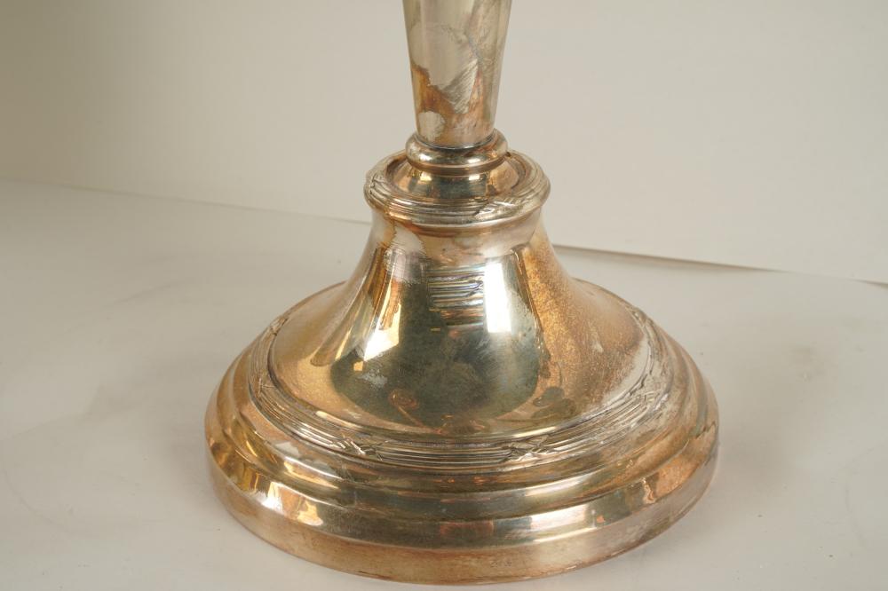 DA2-007: PAIR OF EARLY 20TH CENTURY ENGLISH HALLMARKED SILVER PLATE THREE LIGHT CANDLEABRA