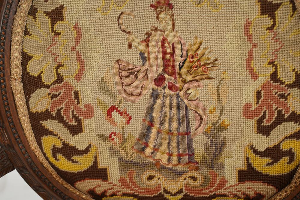 AF2-024: ANTIQUE LATE 19TH C LOUIS XVI STYLE BEECHWOOD FAUTEUIL W/ NEEDLEPOINT UPHOLSTERY