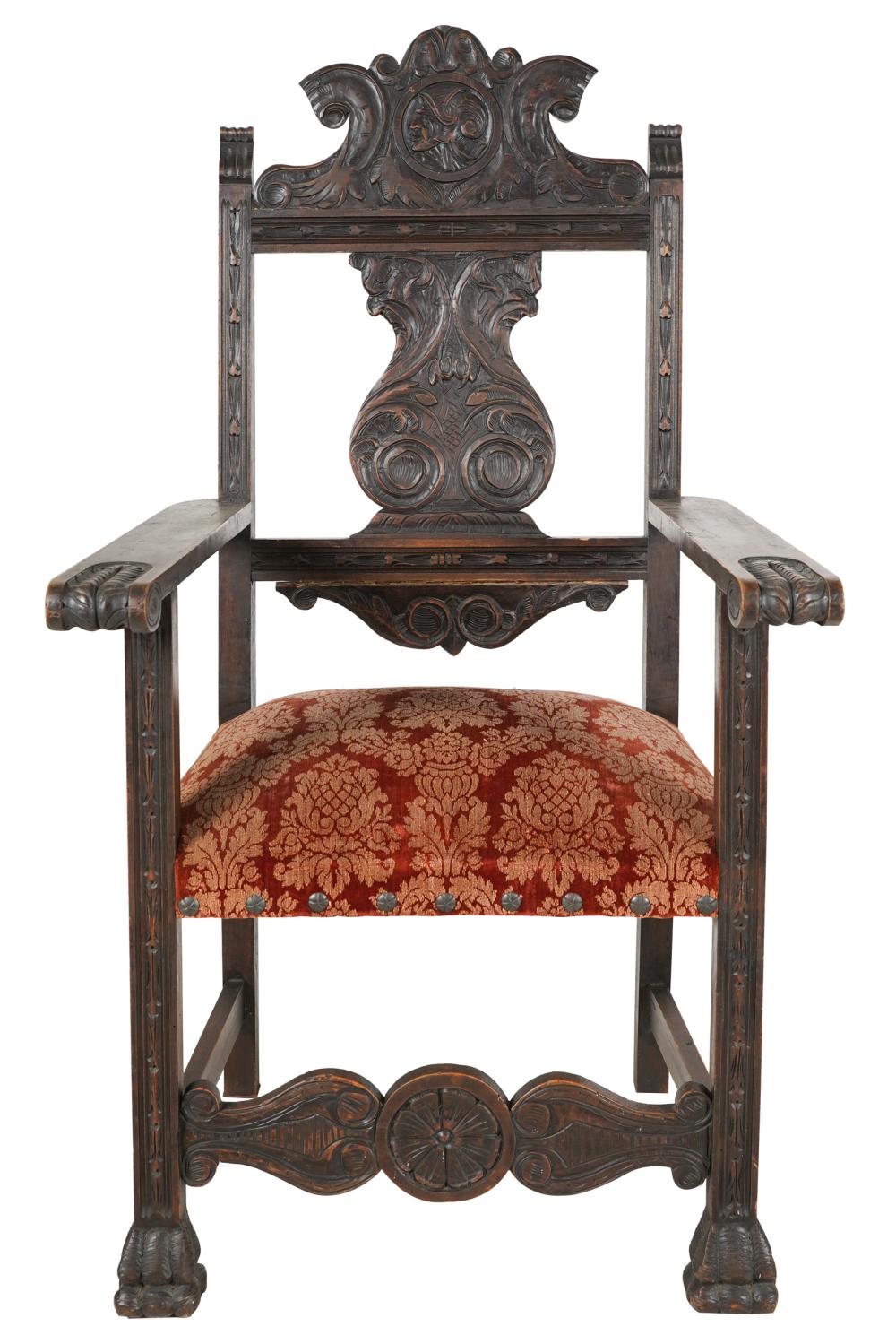AF2-085: ANTIQUE LATE 19TH CENTURY SPANISH COLONIAL REVIVAL CARVED ARMCHAIR