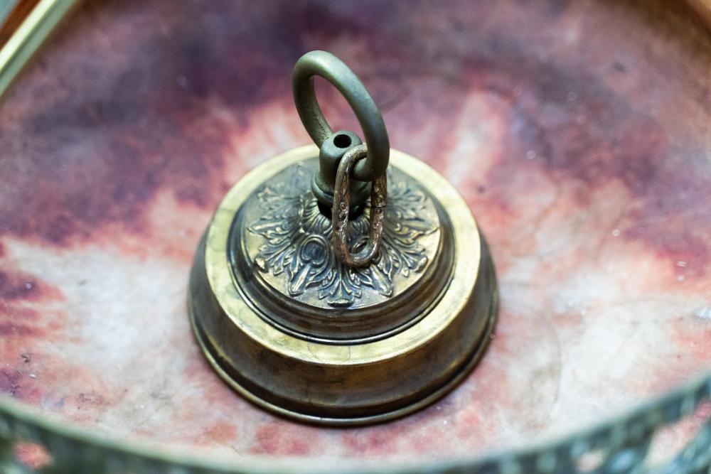 AL1-059: Antique Early 20th Century Renaissance Revival Brass & Rose Alabaster Chandelier