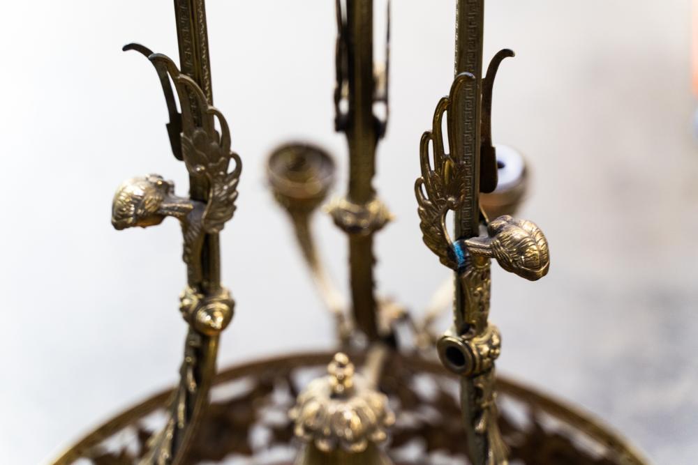 AL1-059: Antique Early 20th Century Renaissance Revival Brass & Rose Alabaster Chandelier