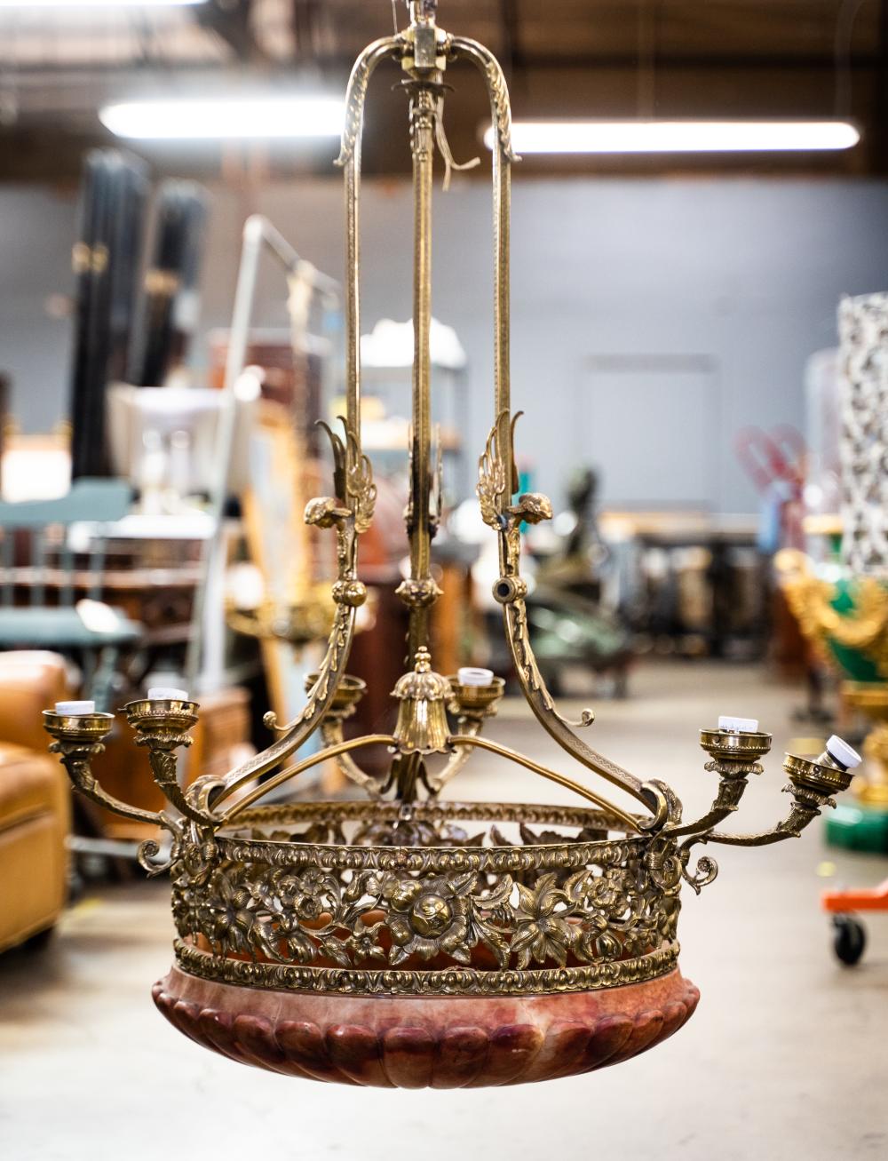 AL1-059: Antique Early 20th Century Renaissance Revival Brass & Rose Alabaster Chandelier