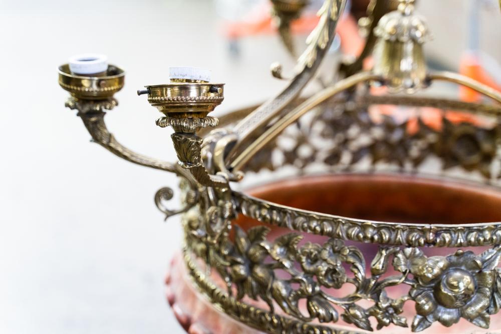 AL1-059: Antique Early 20th Century Renaissance Revival Brass & Rose Alabaster Chandelier