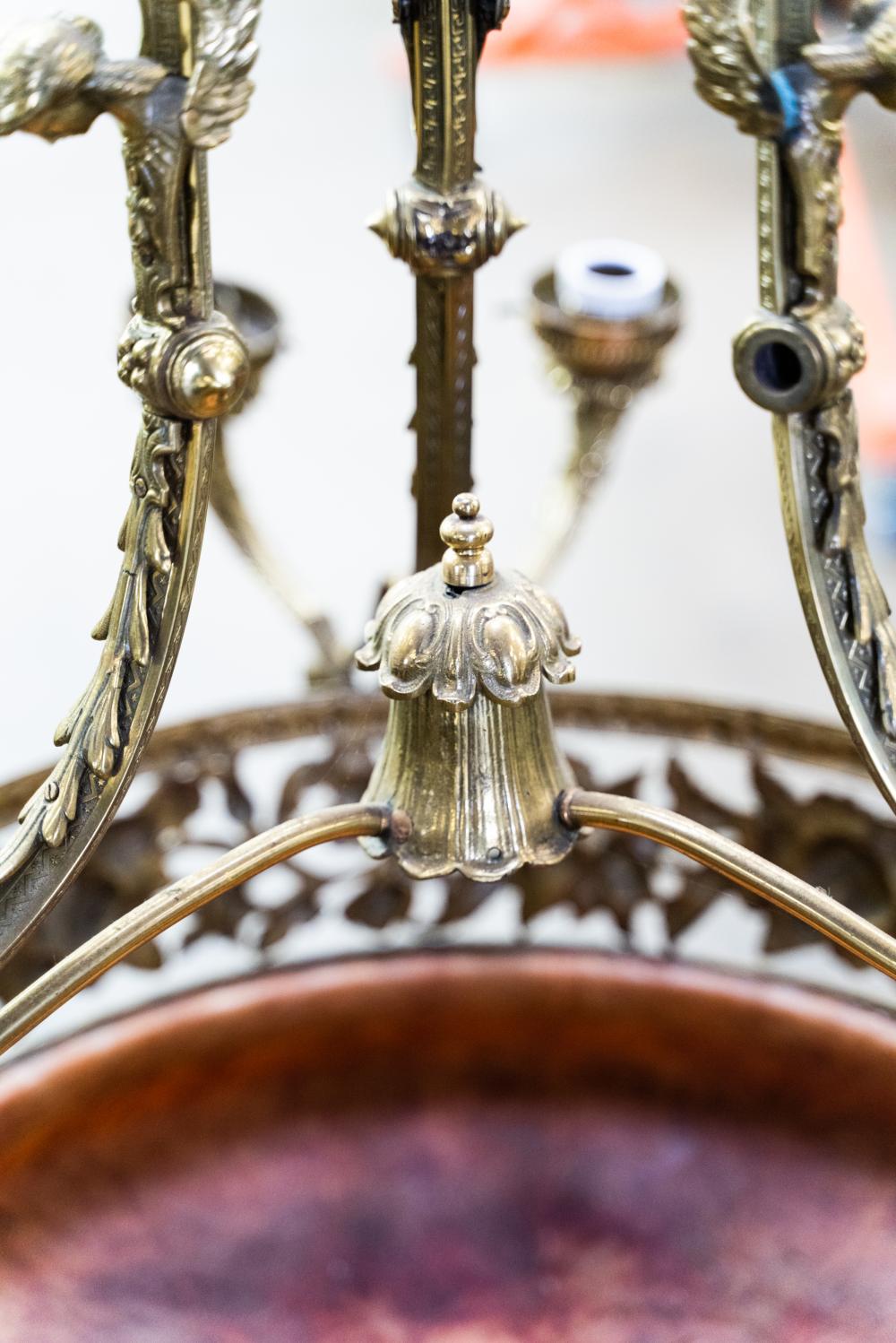 AL1-059: Antique Early 20th Century Renaissance Revival Brass & Rose Alabaster Chandelier