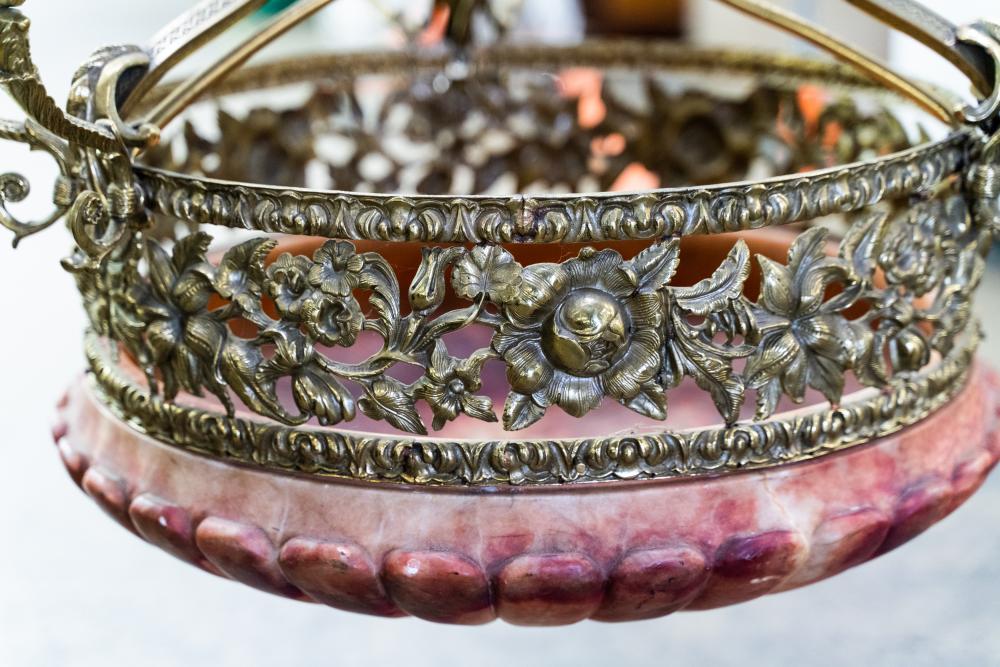 AL1-059: Antique Early 20th Century Renaissance Revival Brass & Rose Alabaster Chandelier