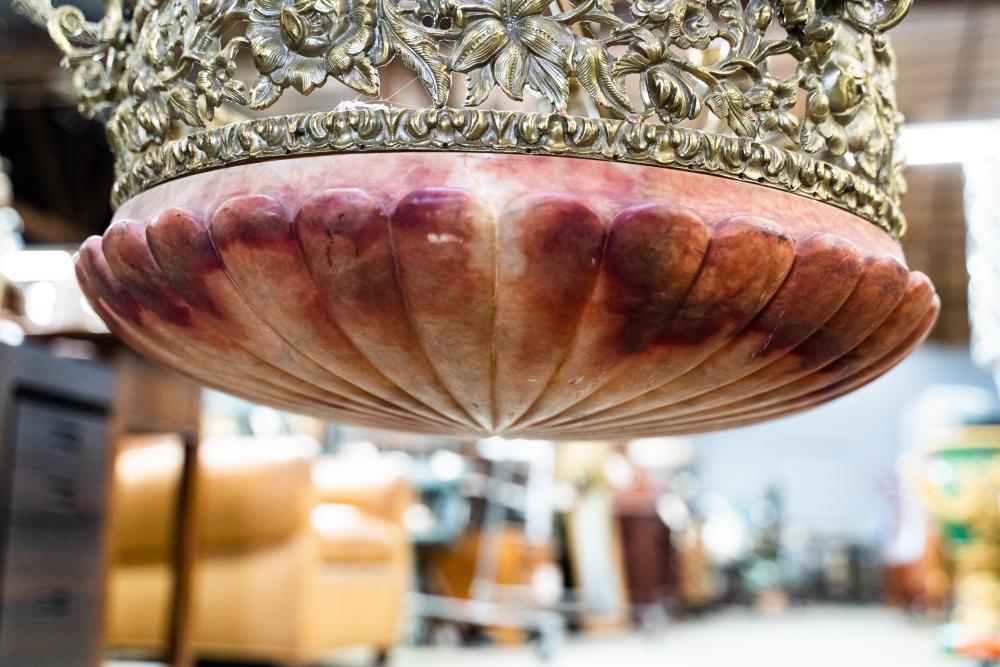 AL1-059: Antique Early 20th Century Renaissance Revival Brass & Rose Alabaster Chandelier