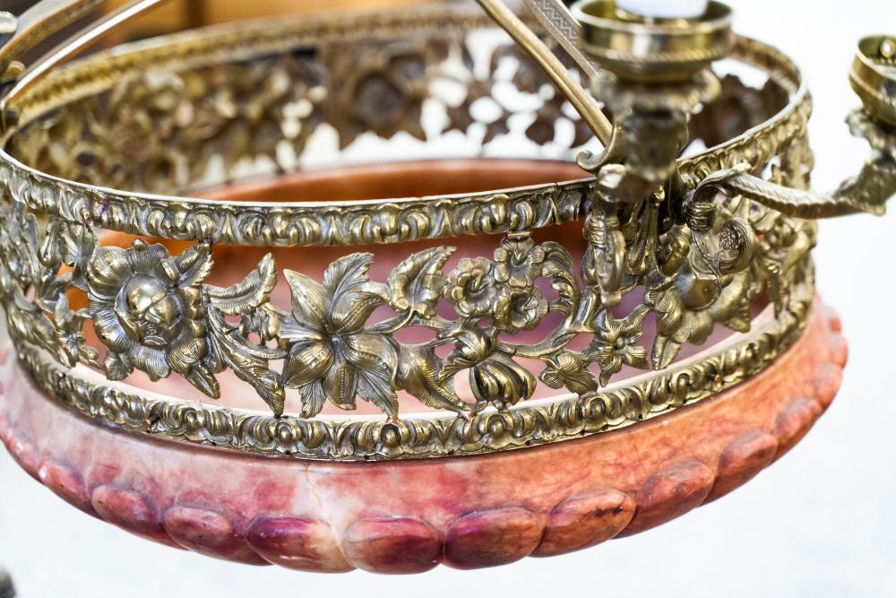 AL1-059: Antique Early 20th Century Renaissance Revival Brass & Rose Alabaster Chandelier