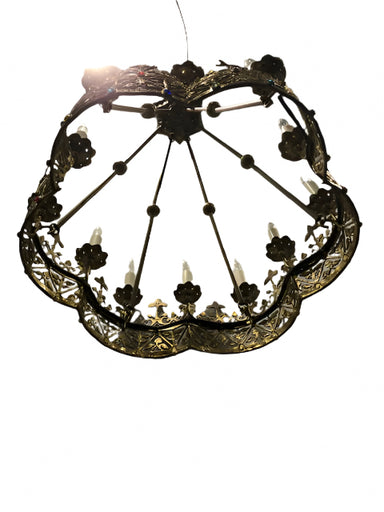 Antique Circa 1920's Jeweled Gilt Brass Fantasy Chandelier