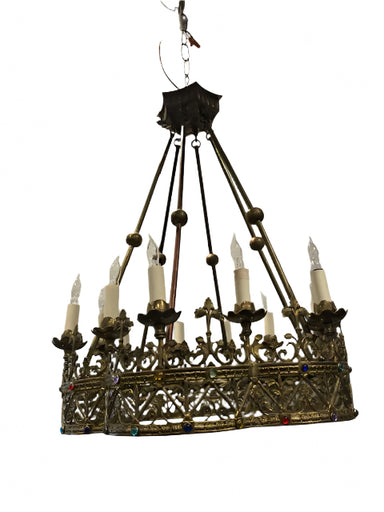 Antique Circa 1920's Jeweled Gilt Brass Moroccan Chandelier