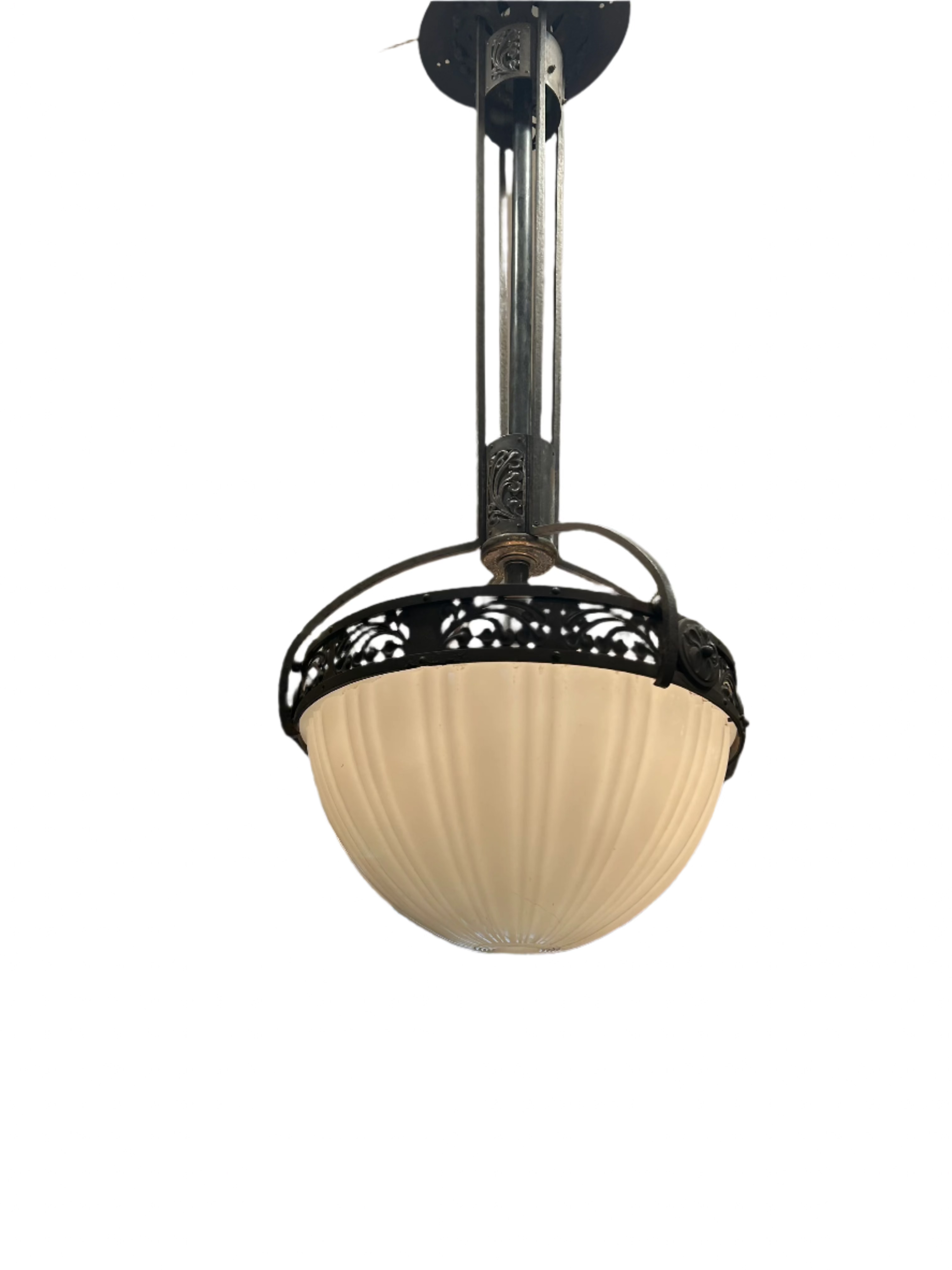 AL1-008: Antique Art Nouveau Milk Glass and Forged Iron Chandelier