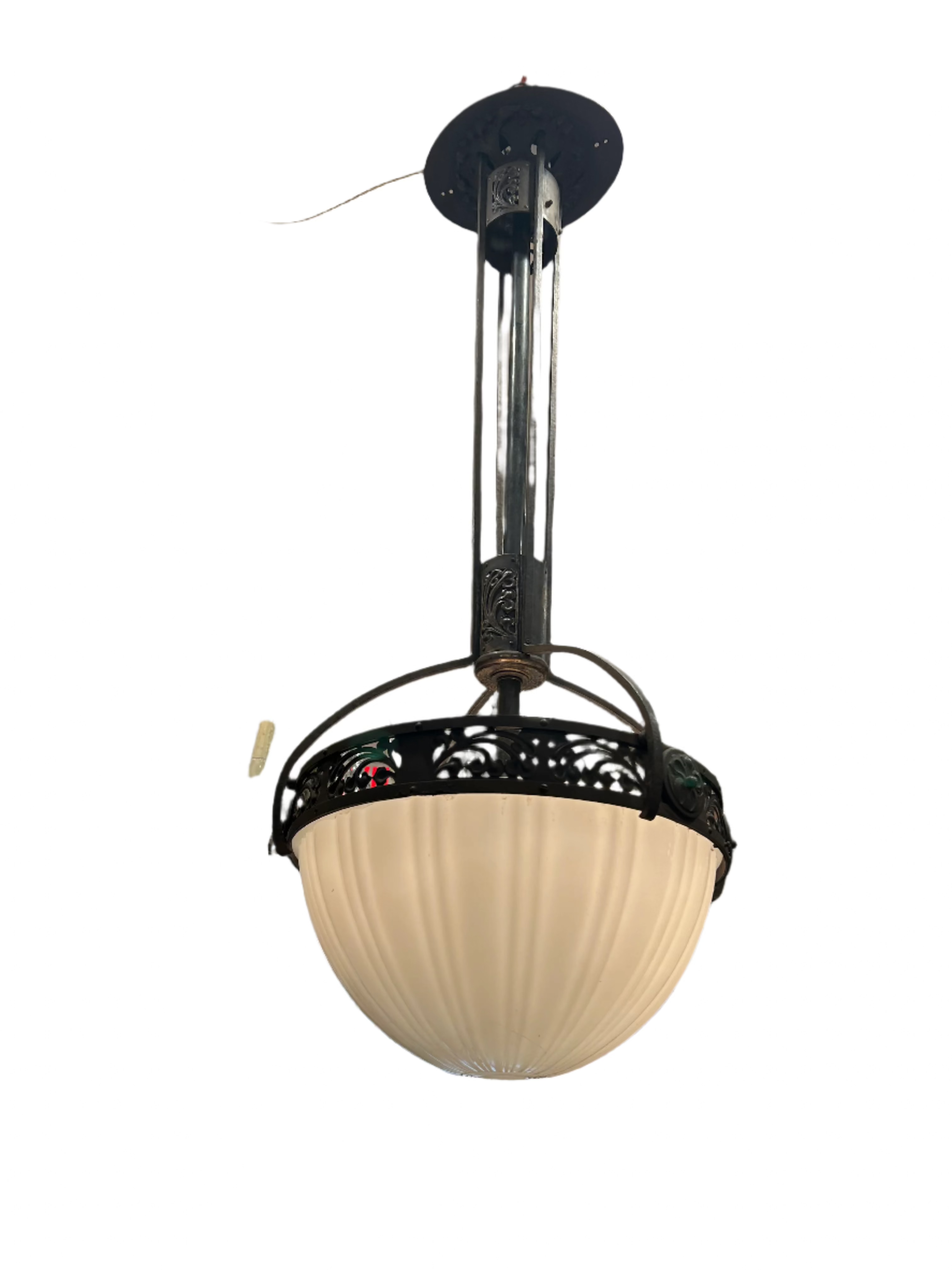 AL1-008: Antique Art Nouveau Milk Glass and Forged Iron Chandelier