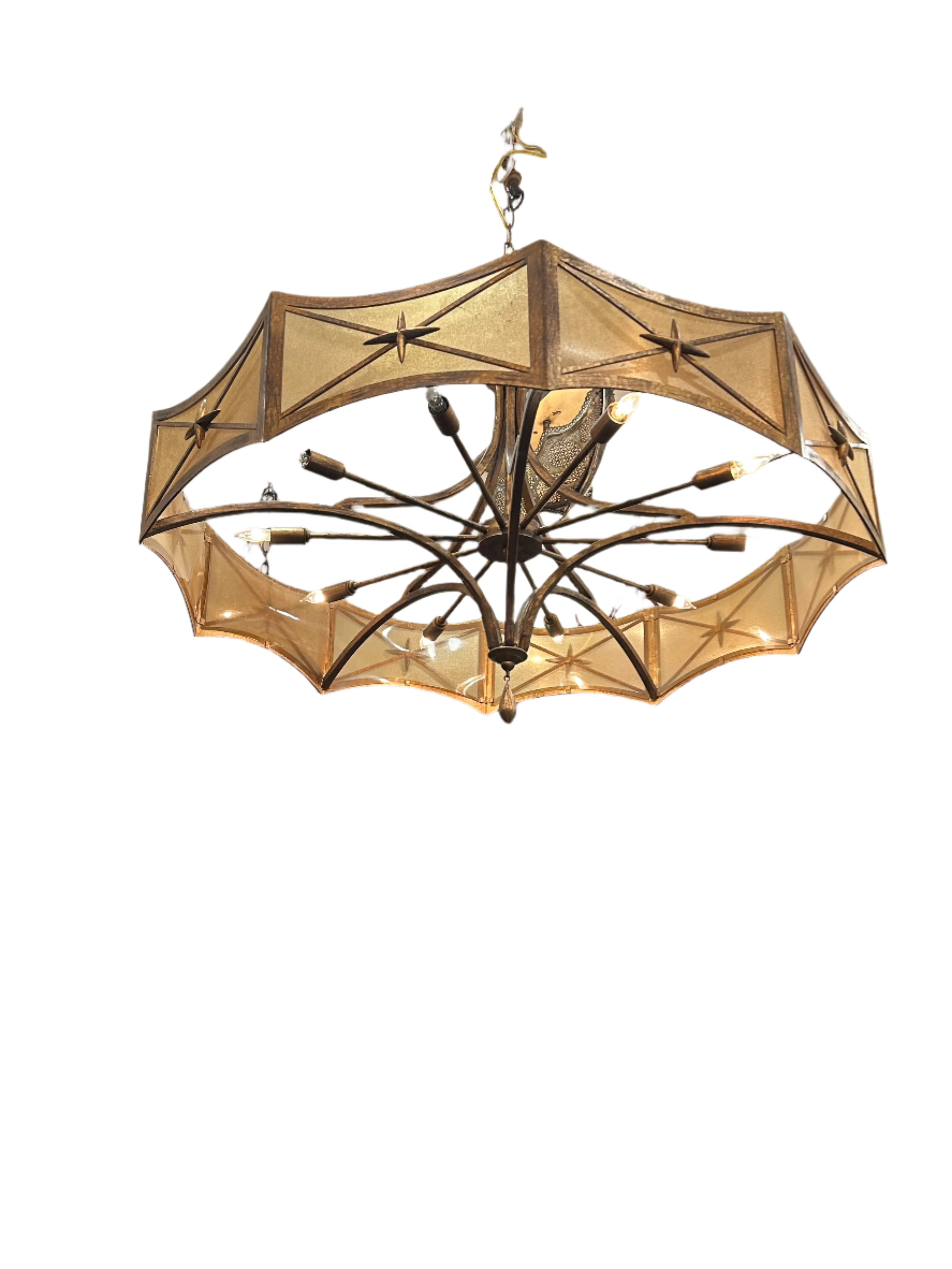 AL1-058: 1940's Art Moderne Gilt Iron and Parchment Plastic Filament Ten Light Chandelier