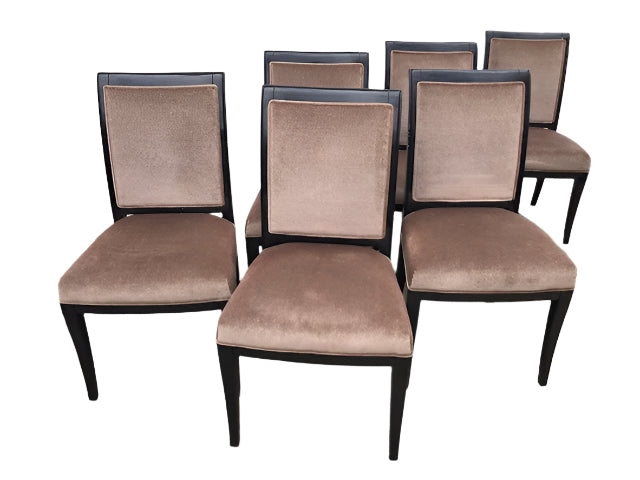 AF2-113: Vintage Mid Century Set of 6 Ebonized Dining Chairs w/ Taupe Velvet Upholstery