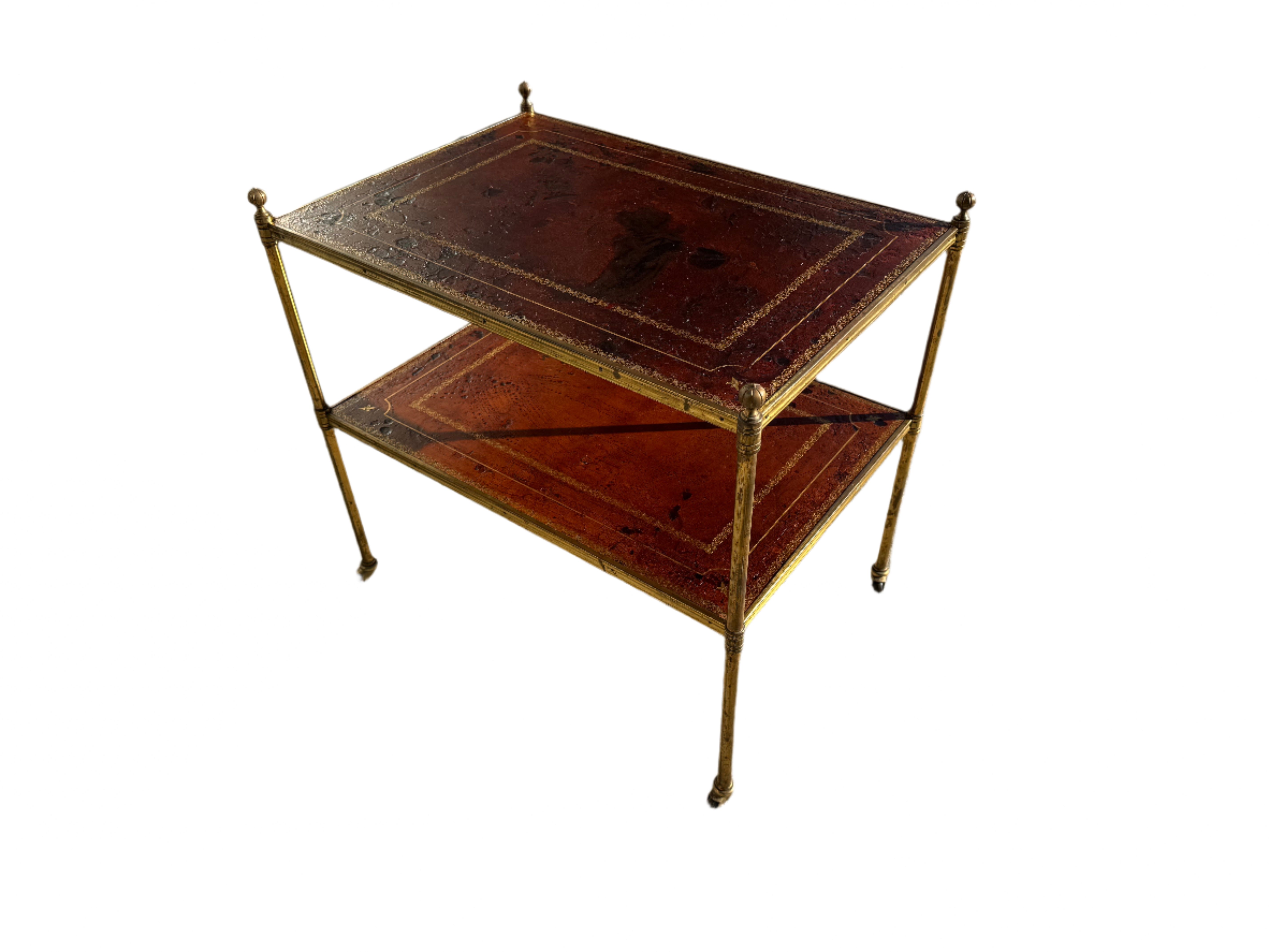 Simon Loscertales Bona Zaragoza Spanish Brass & Leather Modernist Two Tier Side Table | Work of Man