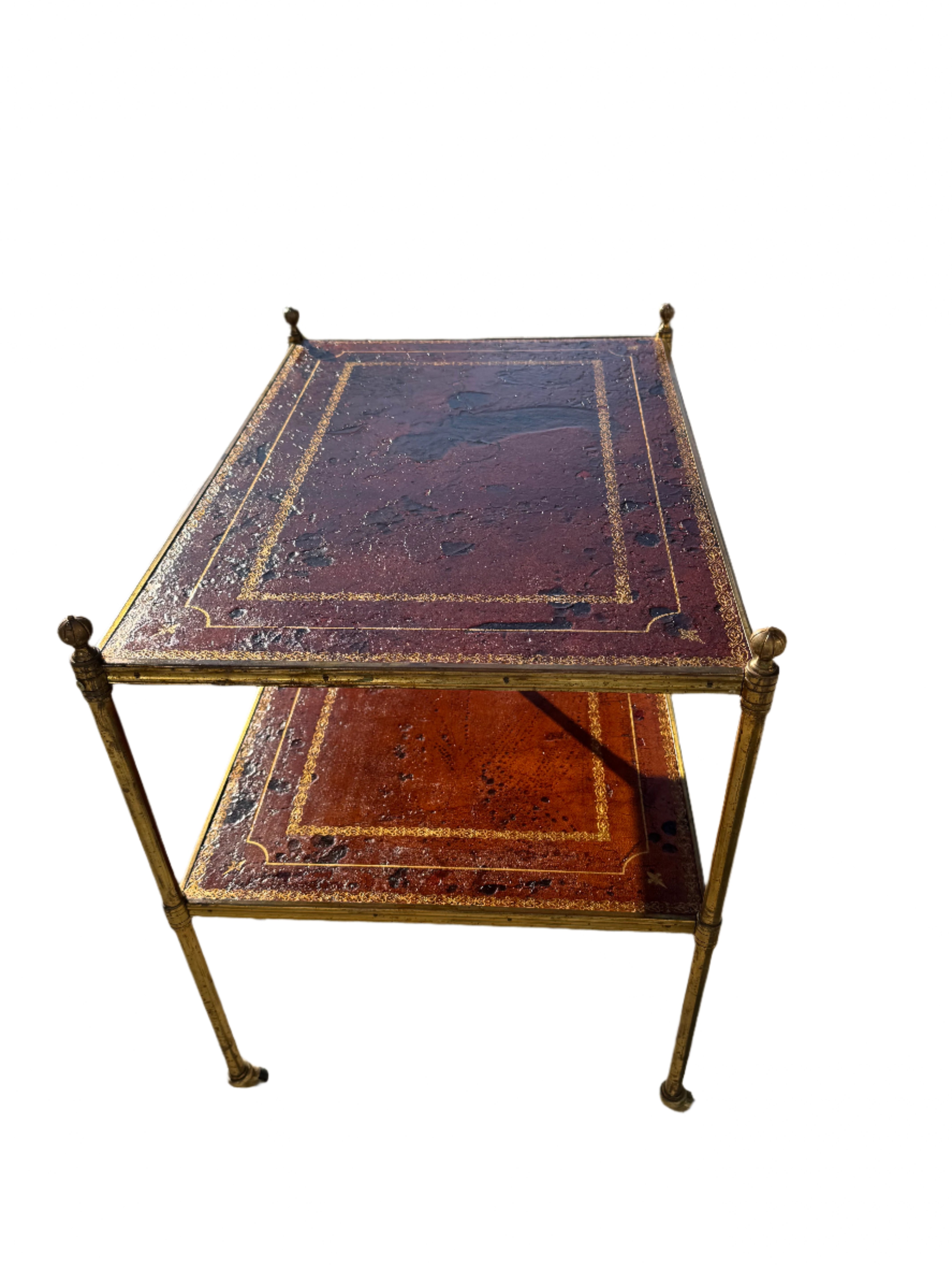 Simon Loscertales Bona Zaragoza Spanish Brass & Leather Modernist Two Tier Side Table | Work of Man