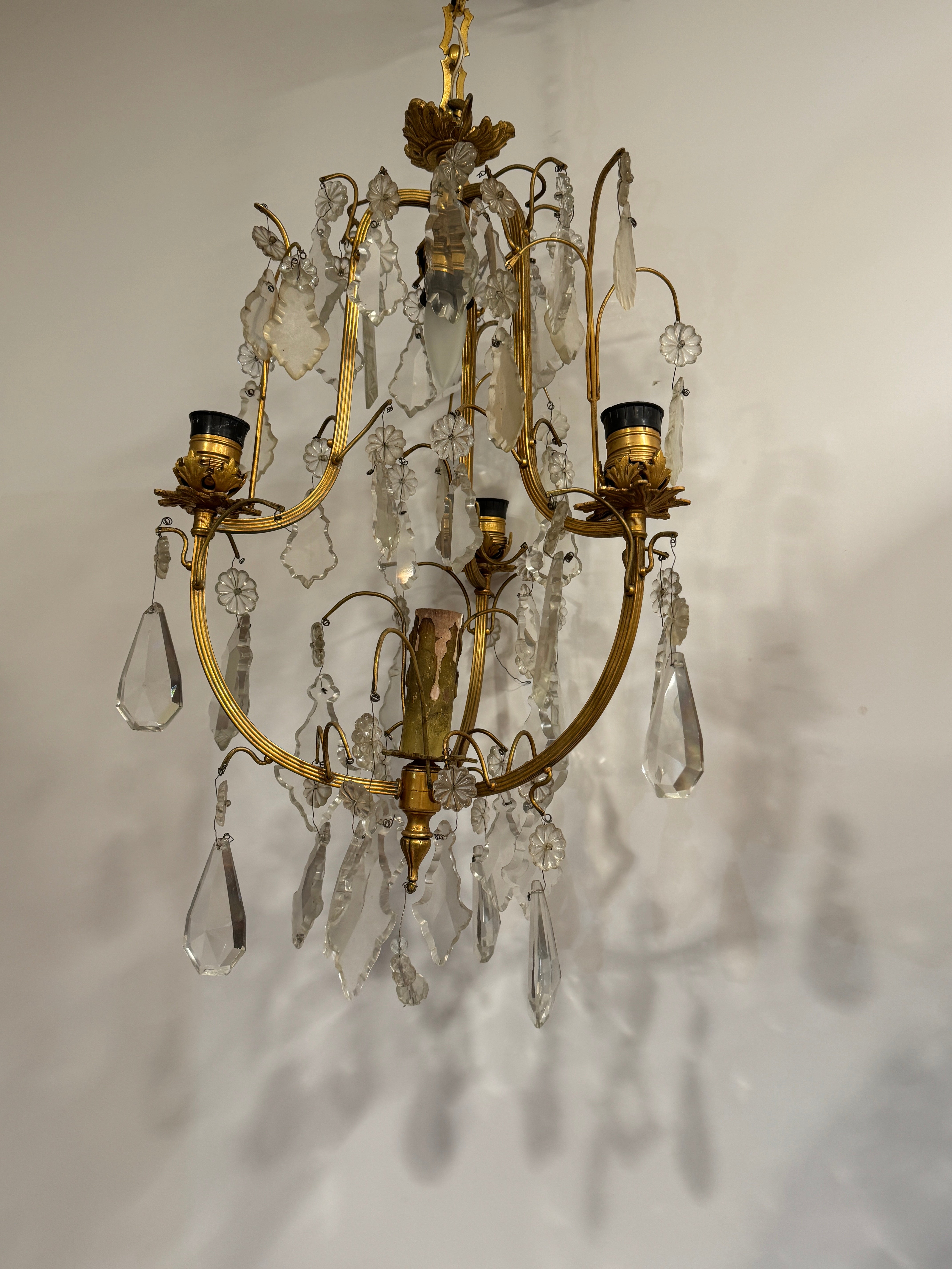 AL1-004: Antique French Mercury (Fire) Gilt Brass 4 Light Chandelier with Lead Crystals