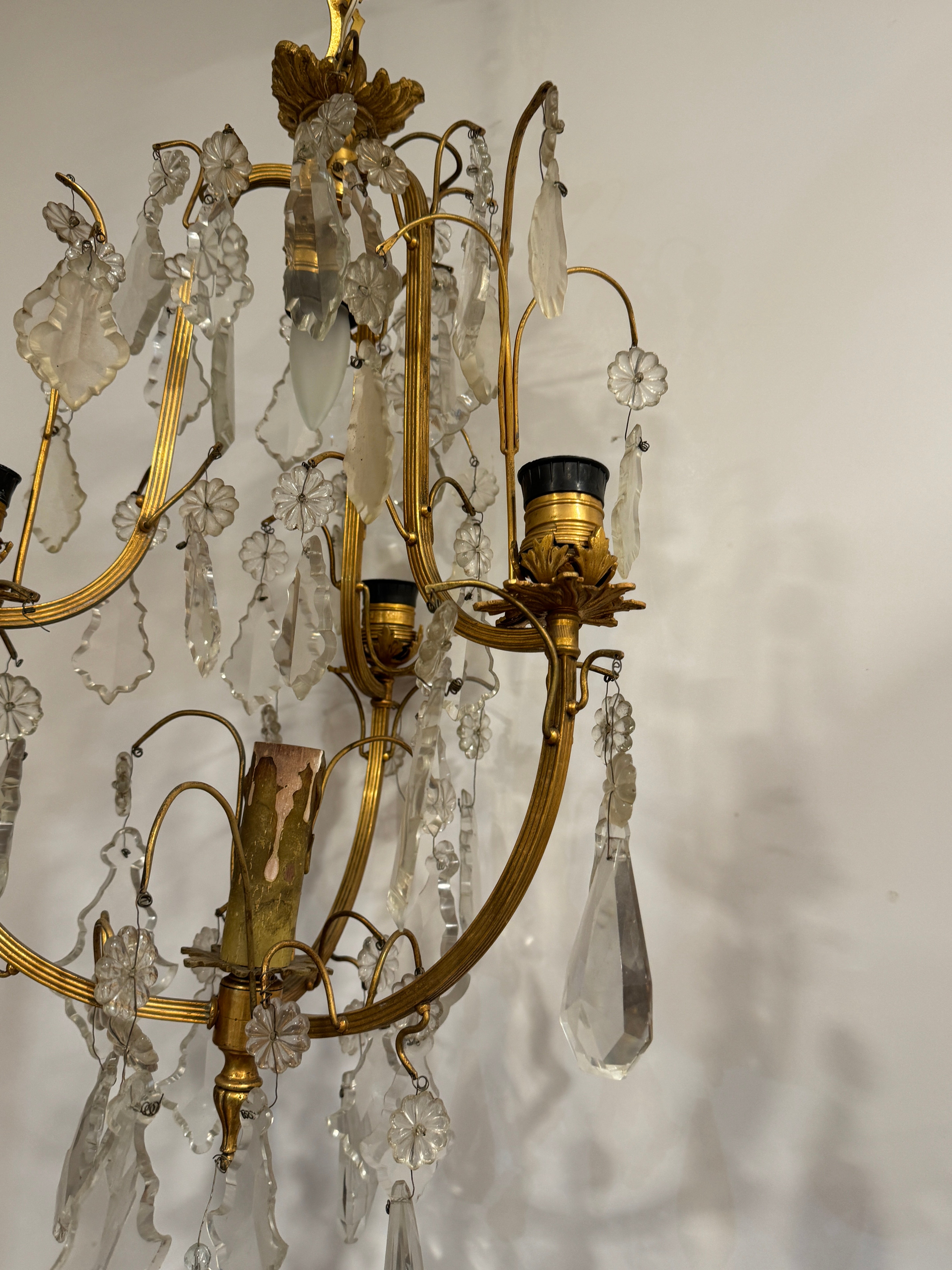 AL1-004: Antique French Mercury (Fire) Gilt Brass 4 Light Chandelier with Lead Crystals