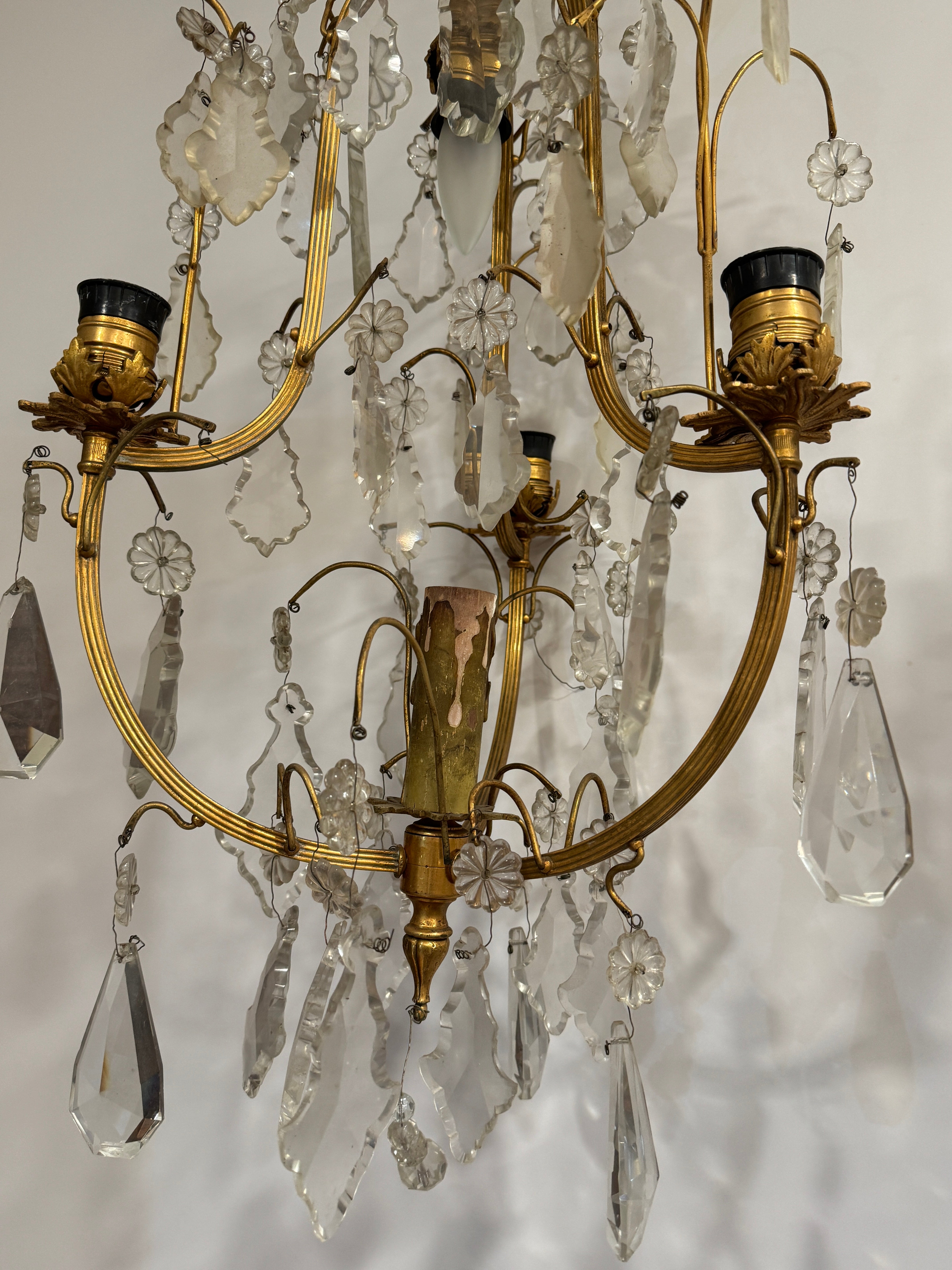 AL1-004: Antique French Mercury (Fire) Gilt Brass 4 Light Chandelier with Lead Crystals