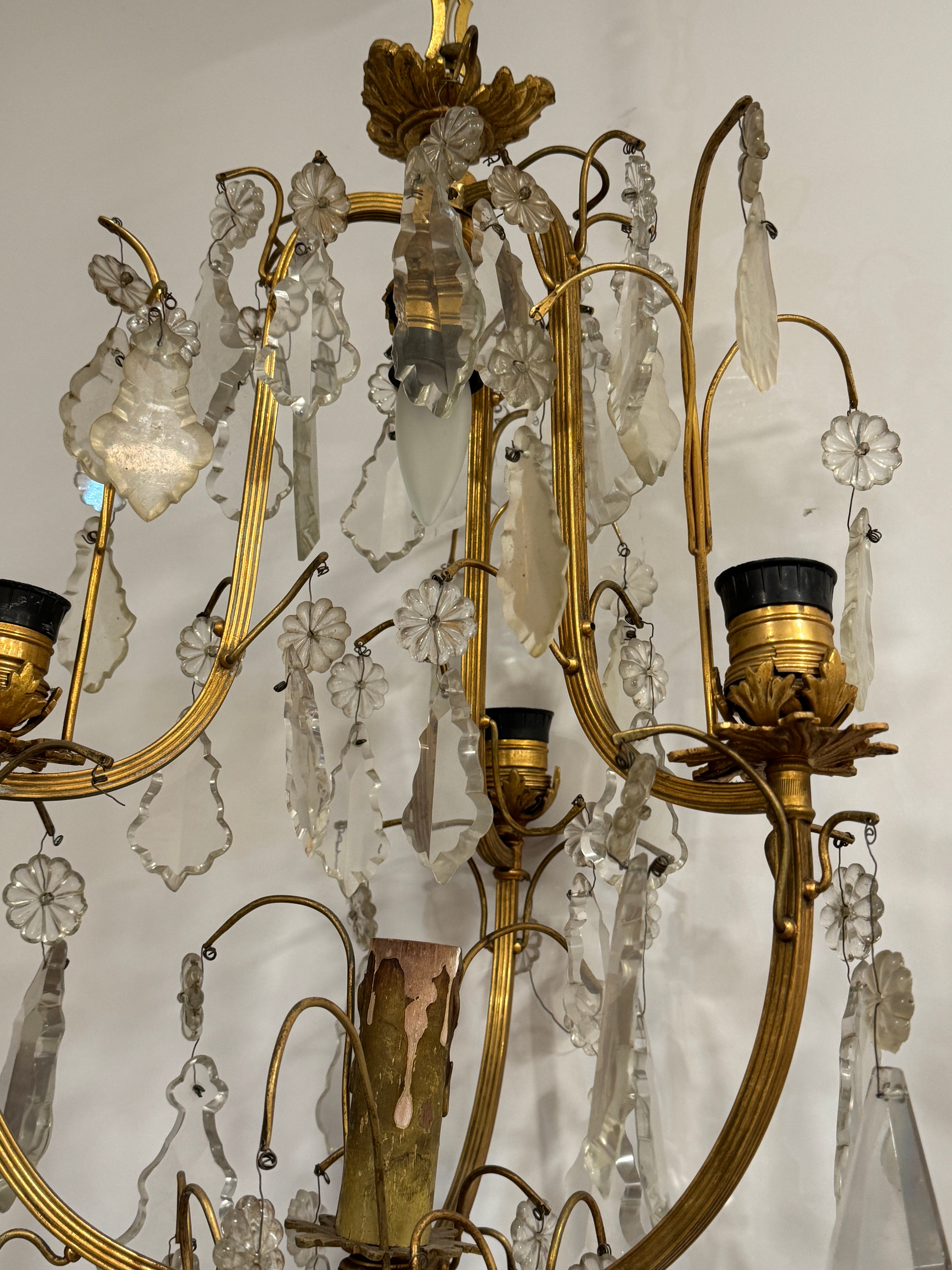 AL1-004: Antique French Mercury (Fire) Gilt Brass 4 Light Chandelier with Lead Crystals