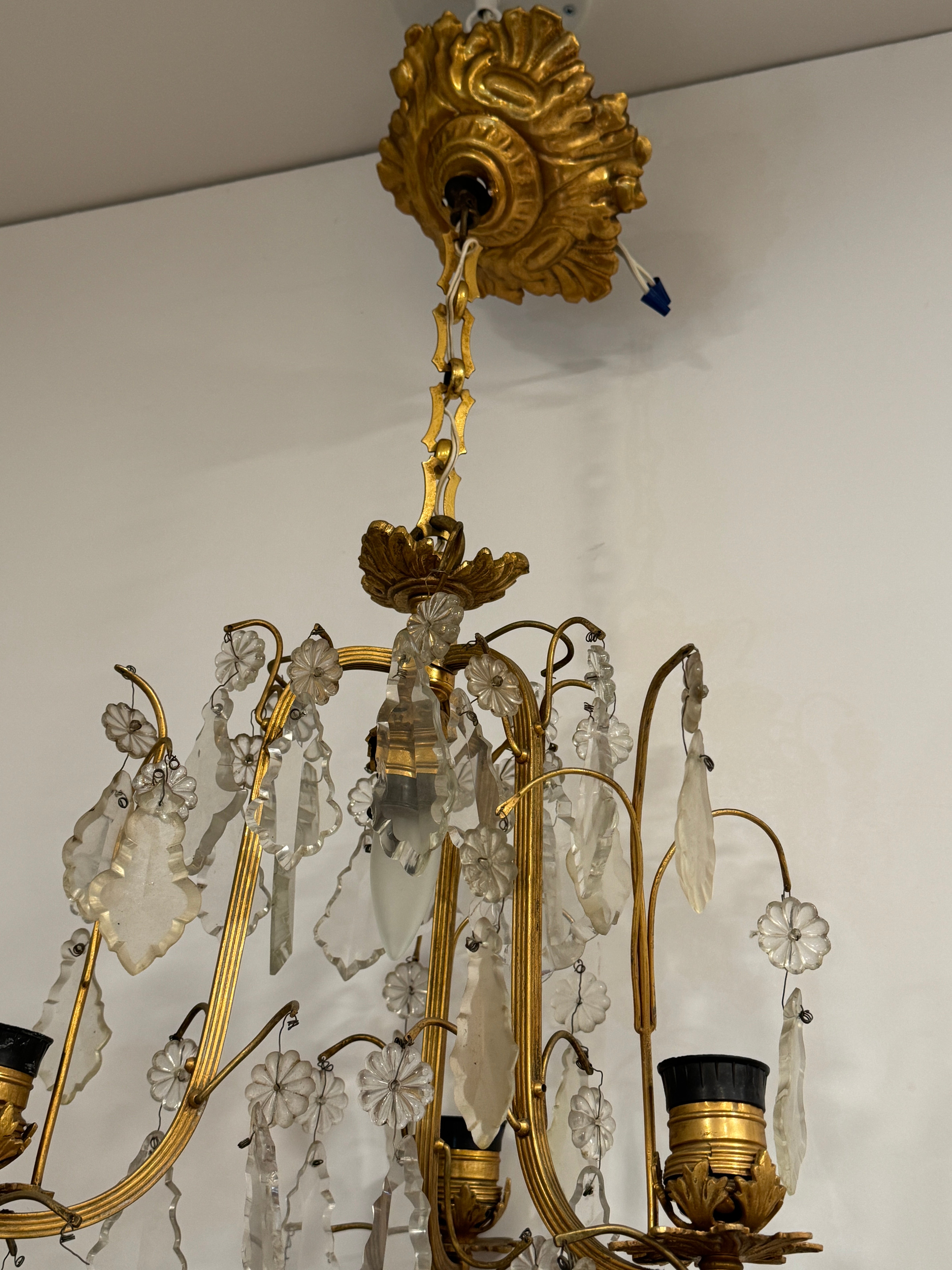 AL1-004: Antique French Mercury (Fire) Gilt Brass 4 Light Chandelier with Lead Crystals