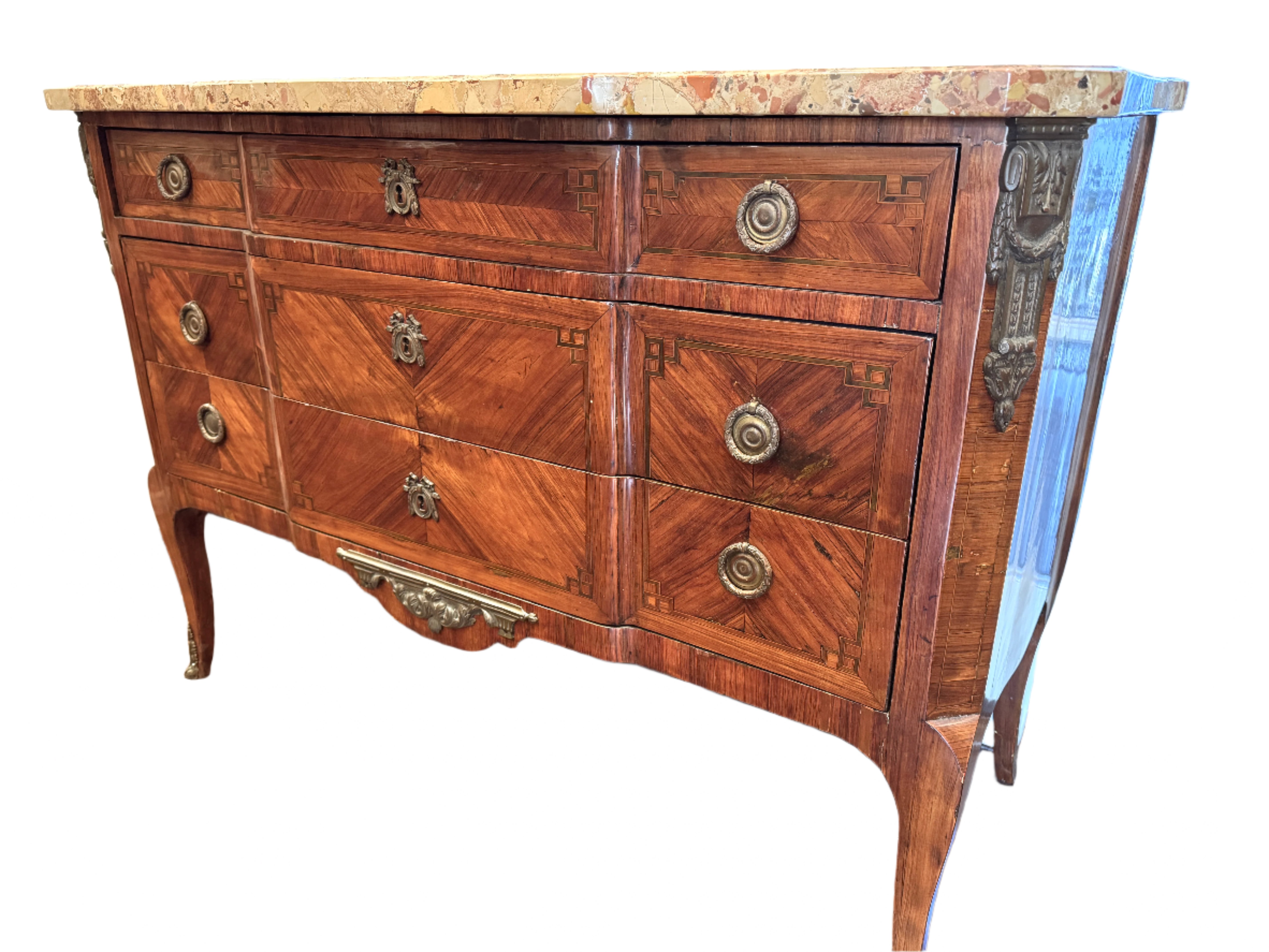 AF4-103: Antique Late 18th Century French Louis XV Parquetry Commode With Breche D'Alep Marble Top