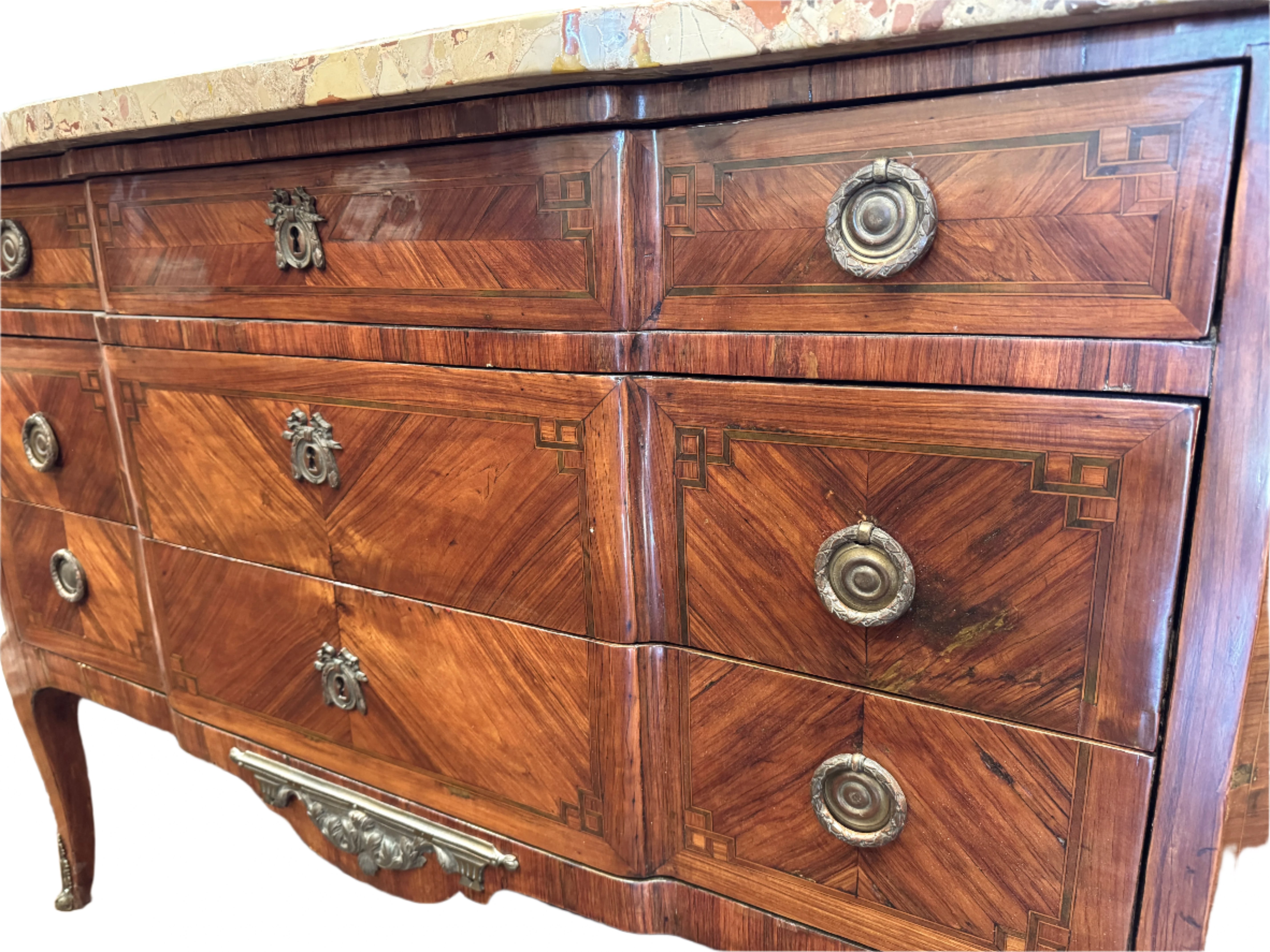 AF4-103: Antique Late 18th Century French Louis XV Parquetry Commode With Breche D'Alep Marble Top