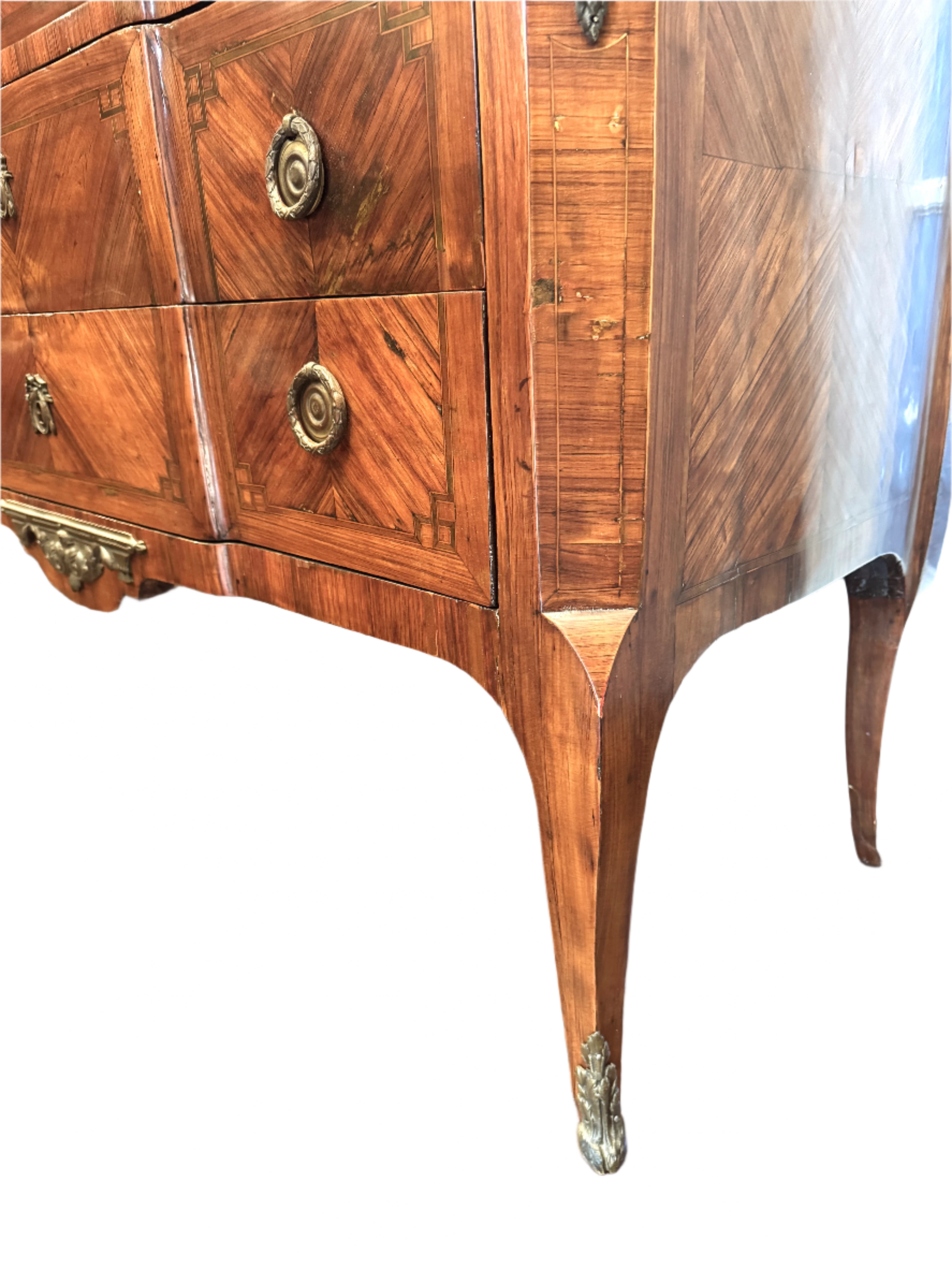 AF4-103: Antique Late 18th Century French Louis XV Parquetry Commode With Breche D'Alep Marble Top
