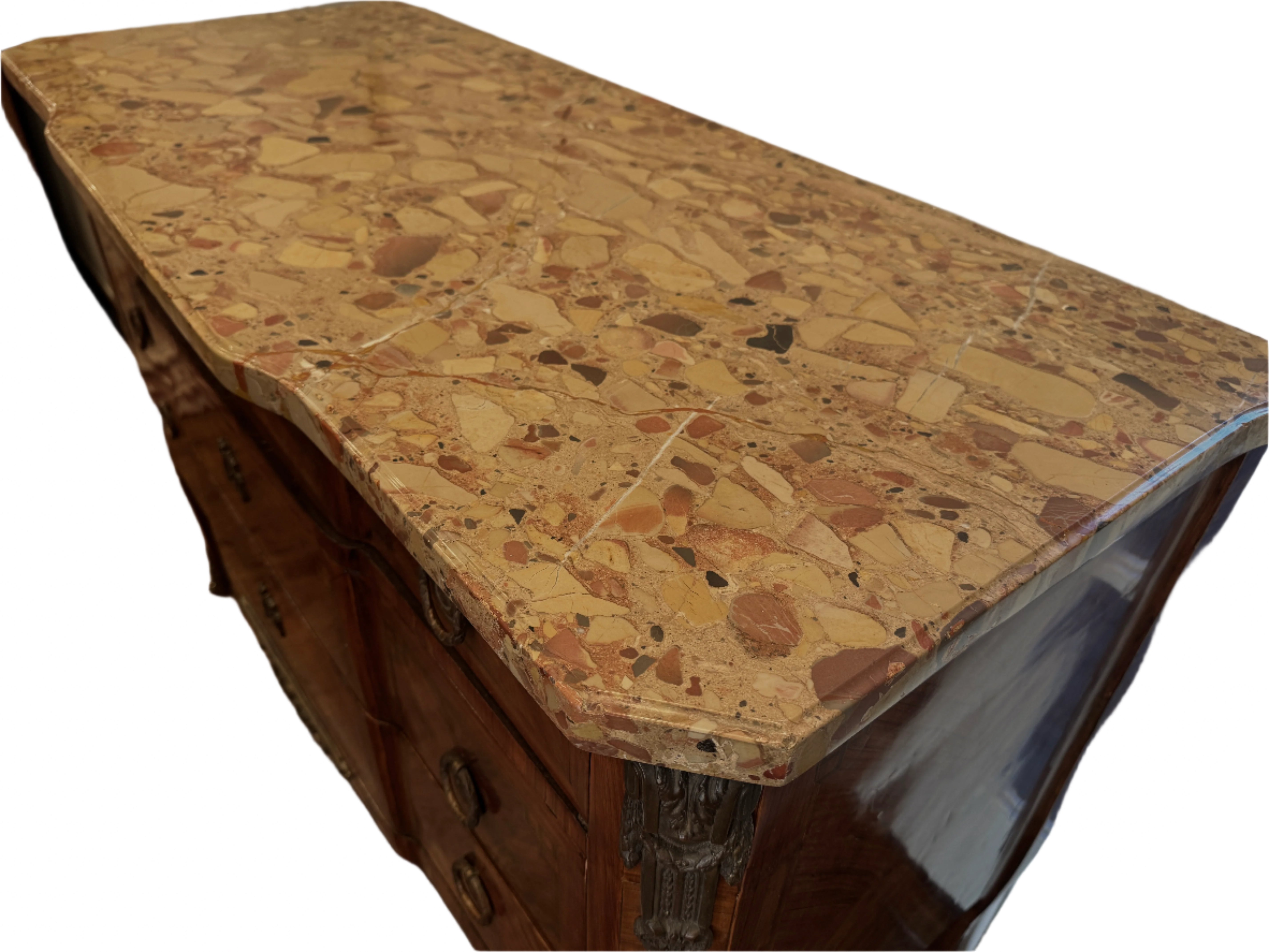 AF4-103: Antique Late 18th Century French Louis XV Parquetry Commode With Breche D'Alep Marble Top