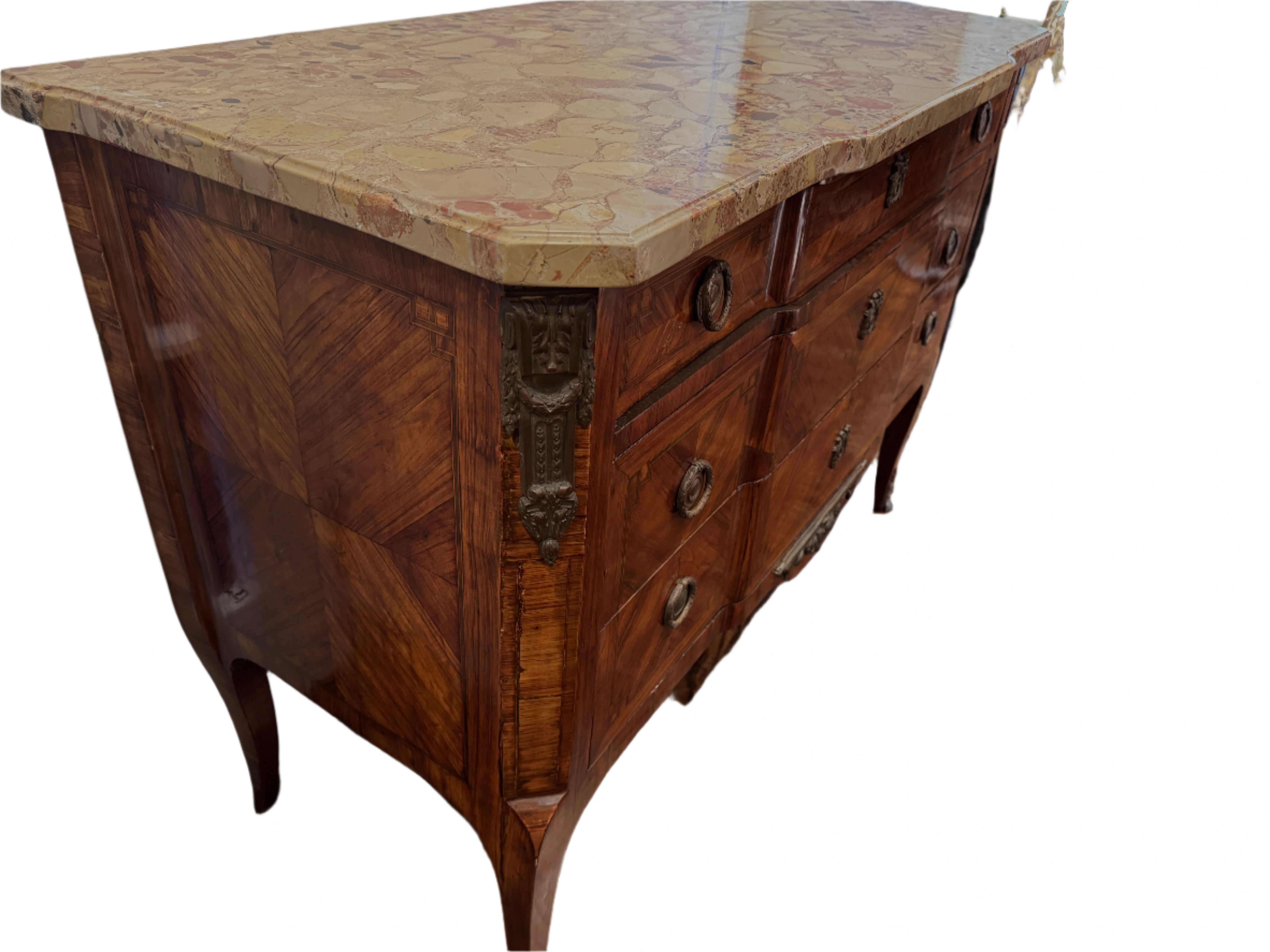AF4-103: Antique Late 18th Century French Louis XV Parquetry Commode With Breche D'Alep Marble Top