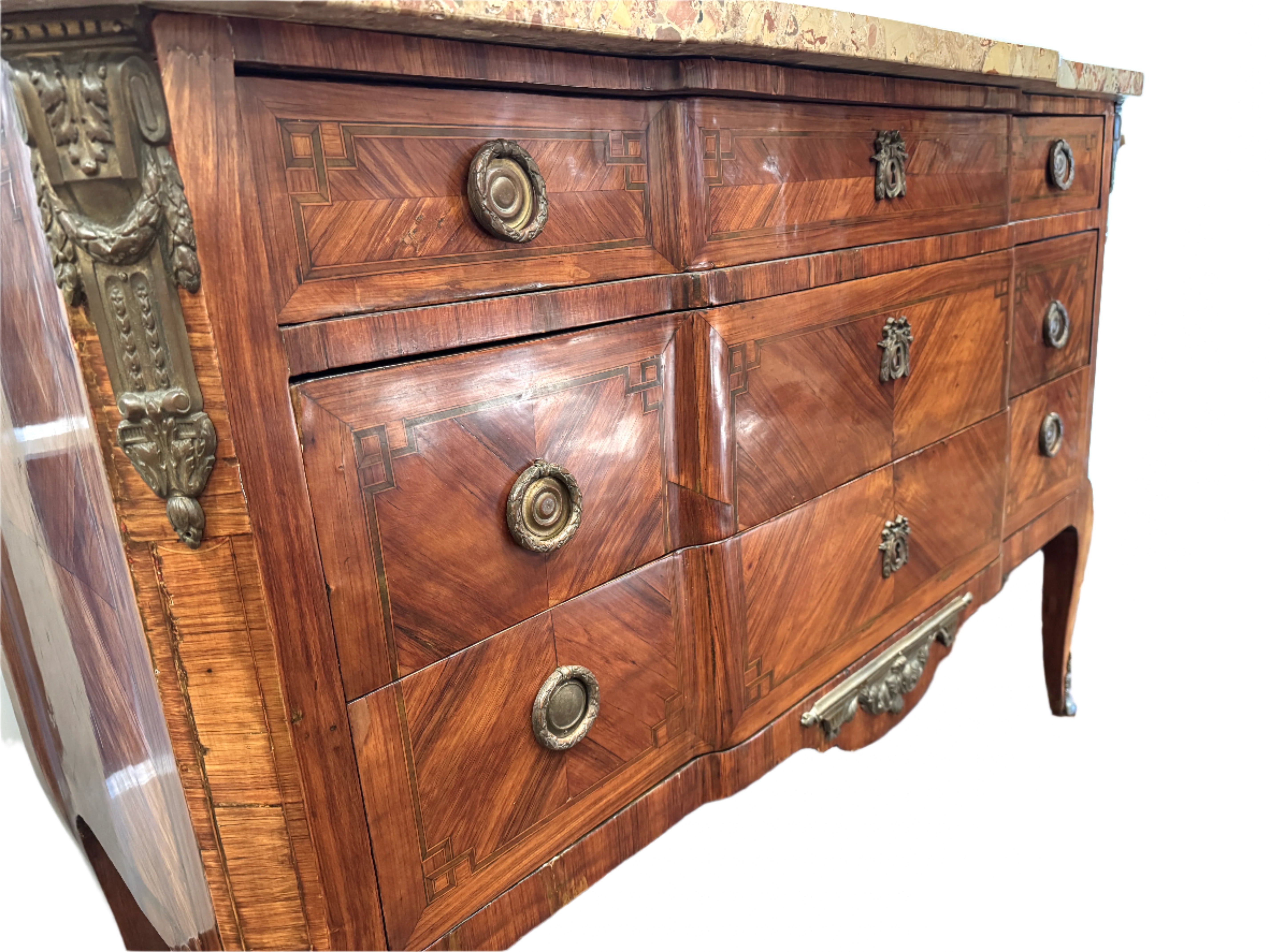 AF4-103: Antique Late 18th Century French Louis XV Parquetry Commode With Breche D'Alep Marble Top