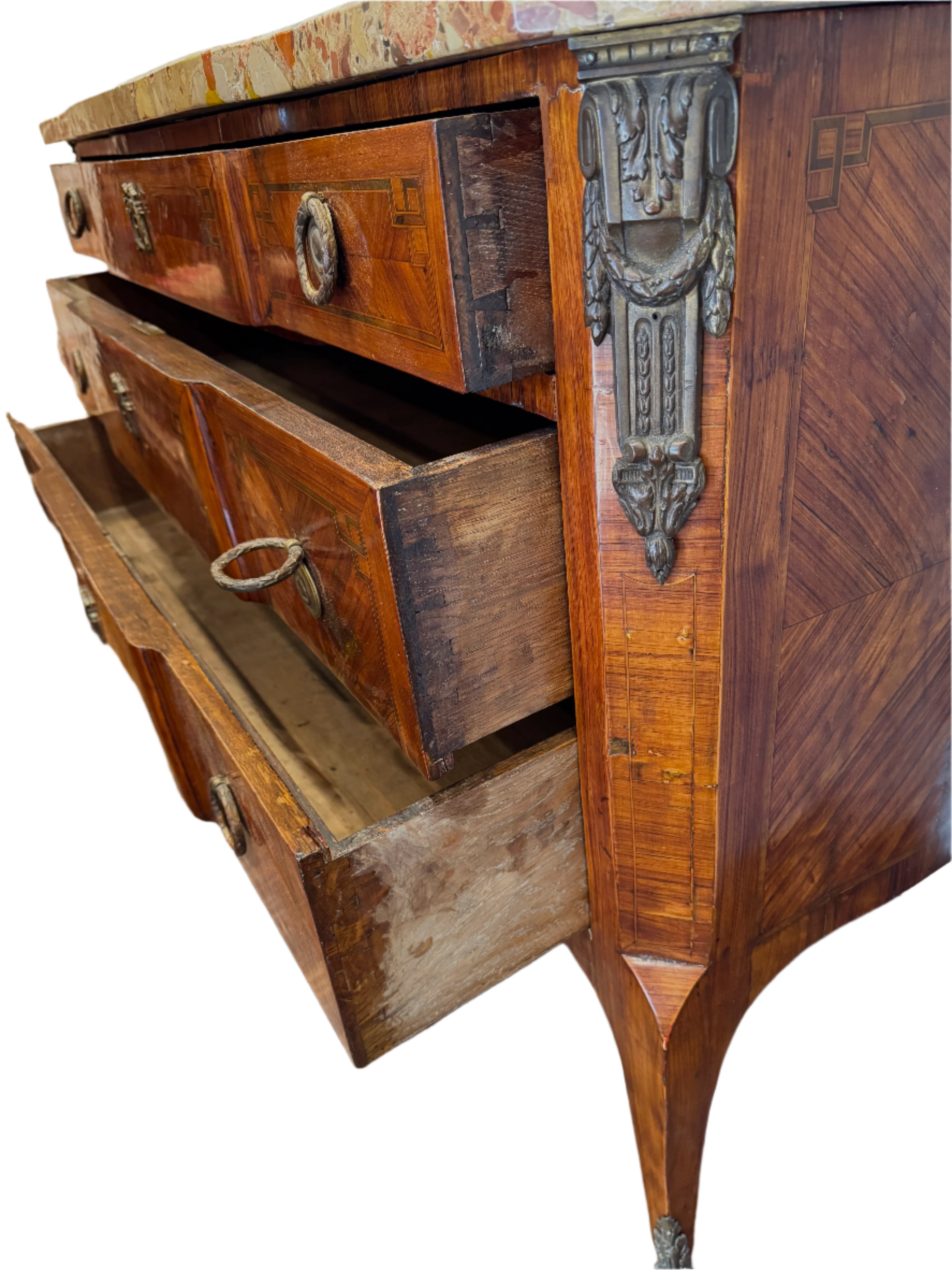AF4-103: Antique Late 18th Century French Louis XV Parquetry Commode With Breche D'Alep Marble Top