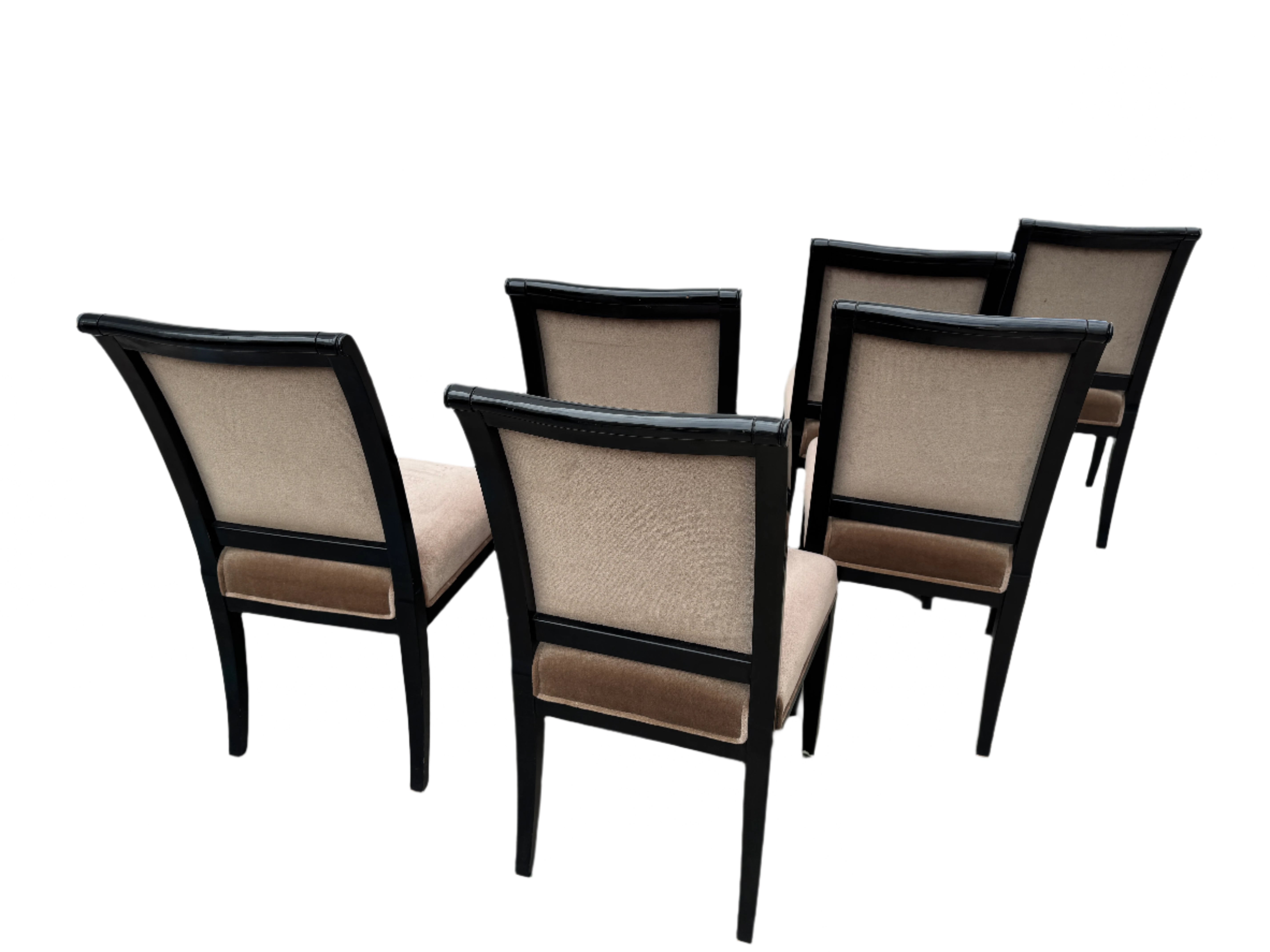 AF2-113: Vintage Mid Century Set of 6 Ebonized Dining Chairs w/ Taupe Velvet Upholstery