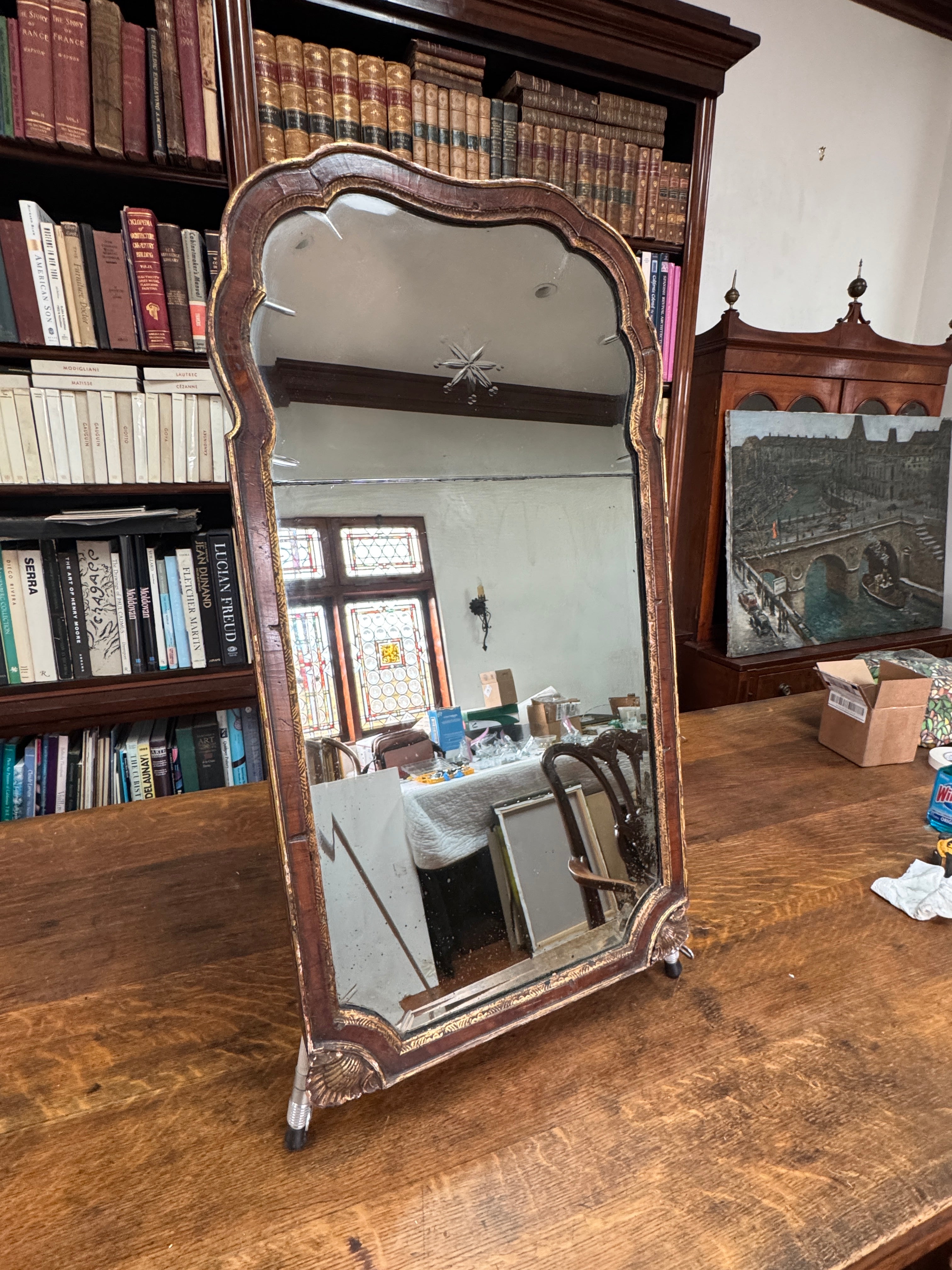 AF7-105: ANTIQUE LATE 18TH CENTURY ENGLISH PARTIAL GILT MAHOGANY FRAME MIRROR
