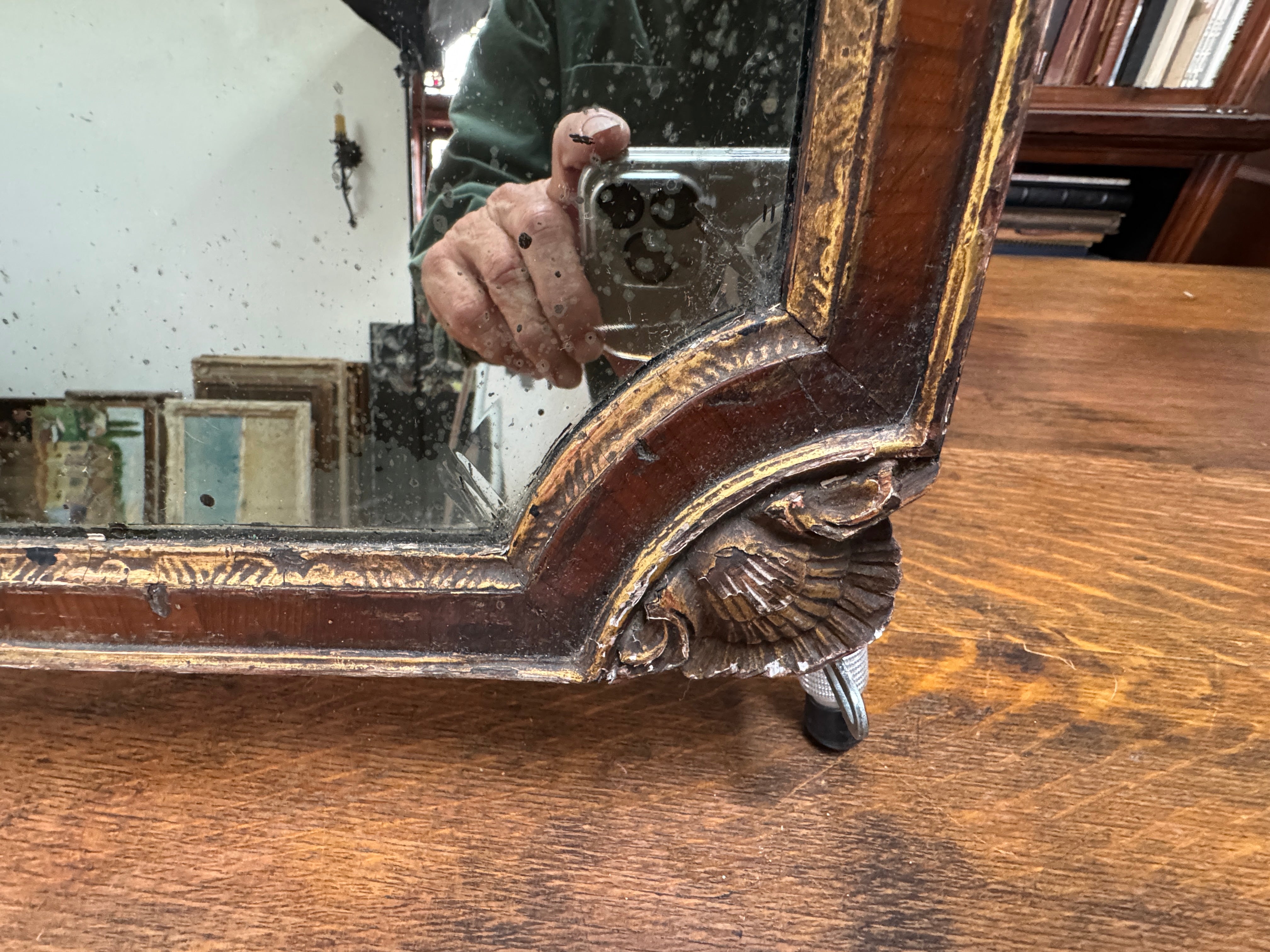 AF7-105: ANTIQUE LATE 18TH CENTURY ENGLISH PARTIAL GILT MAHOGANY FRAME MIRROR