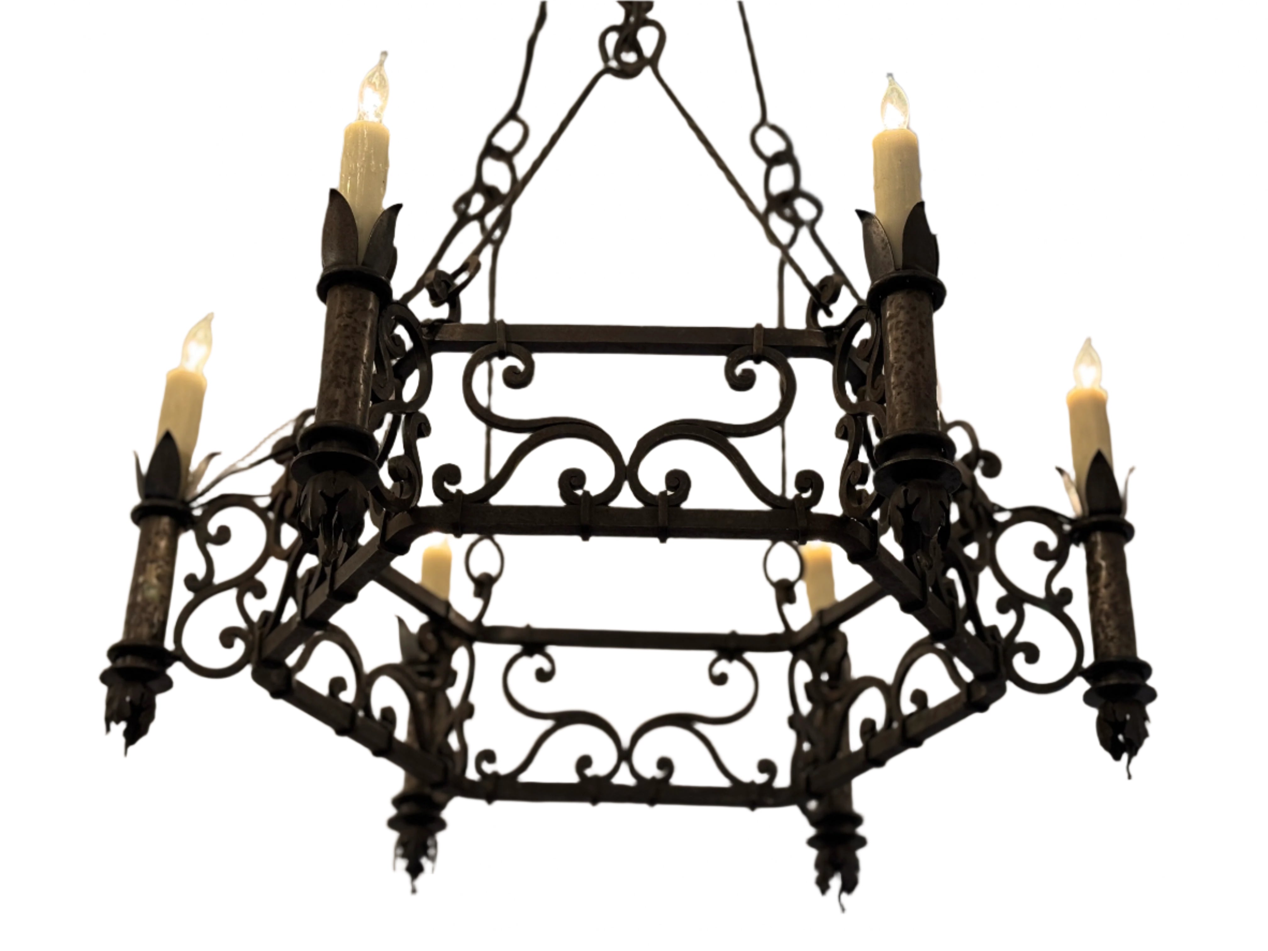 AL1-085: Antique 1920's Spanish Colonial Revival Hand Forged Iron Chandelier