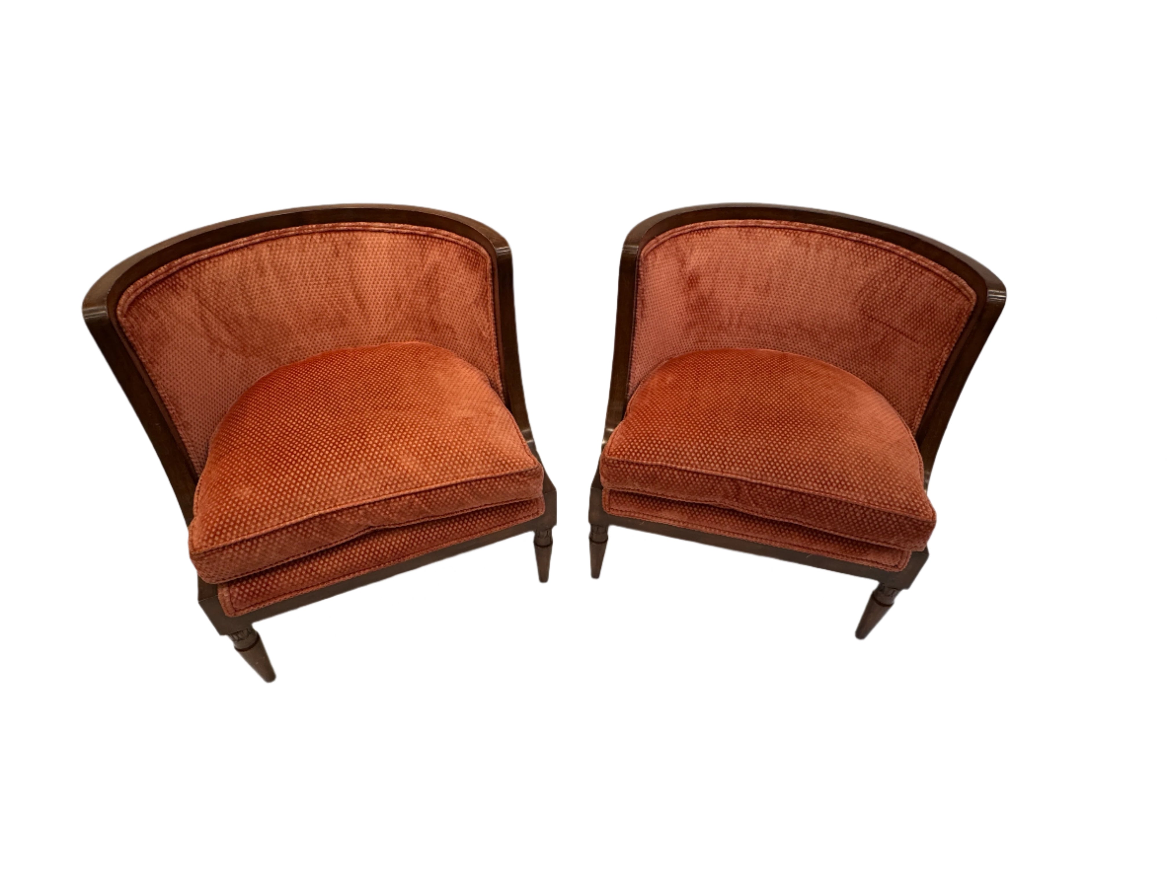 AF2-027: Pair Vintage Barrel Back Tub Chairs With Cut Velvet Upholstery Mid 20th Century Modern