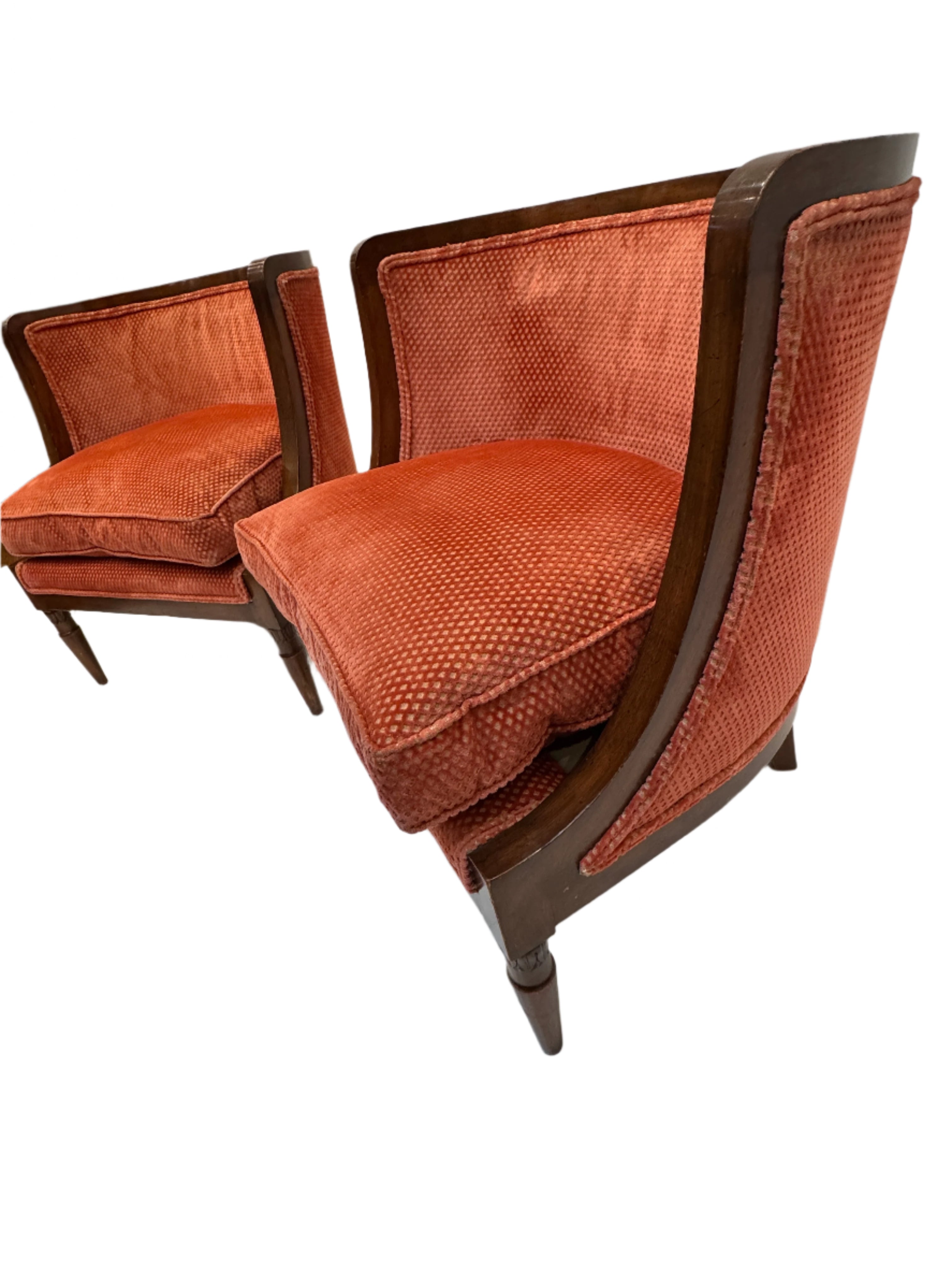 AF2-027: Pair Vintage Barrel Back Tub Chairs With Cut Velvet Upholstery Mid 20th Century Modern